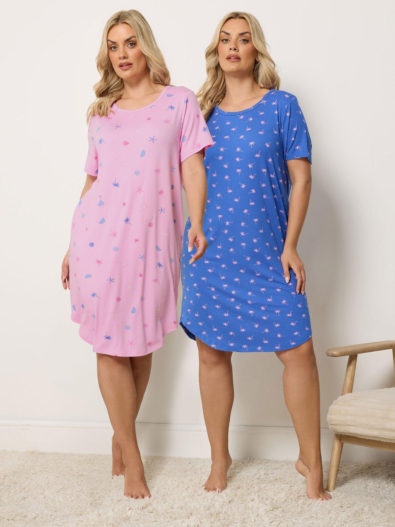 Yours Curve 2 Pack Soft Touch Palm Print Dipped Back Nightdress - Blue