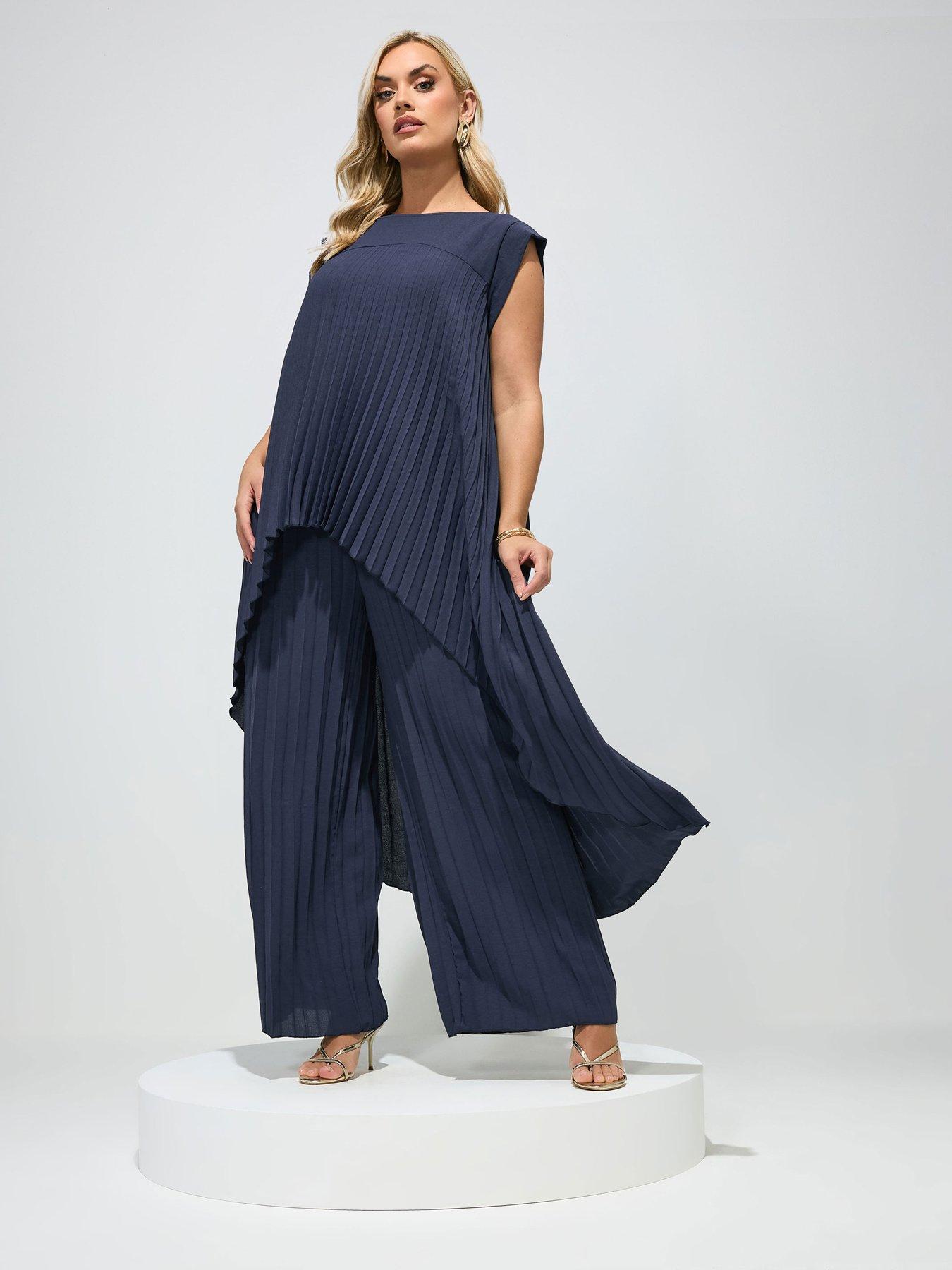 Yours Curve Pleat Detail Top and Trousers Set - Blue