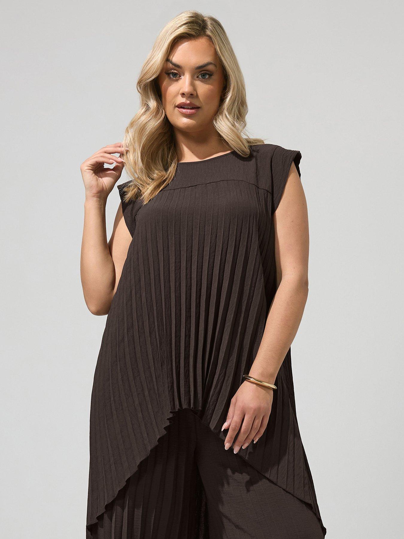 Yours Curve Pleat Detail High Low Top - Brown