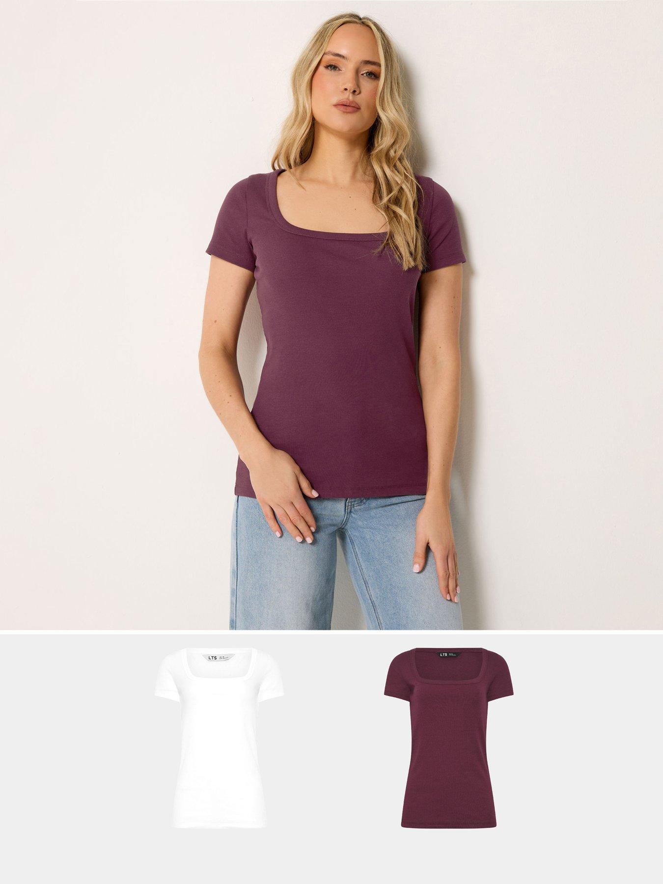 Long Tall Sally 2 Pack Square Neck Ribbed T-Shirt - Purple/White