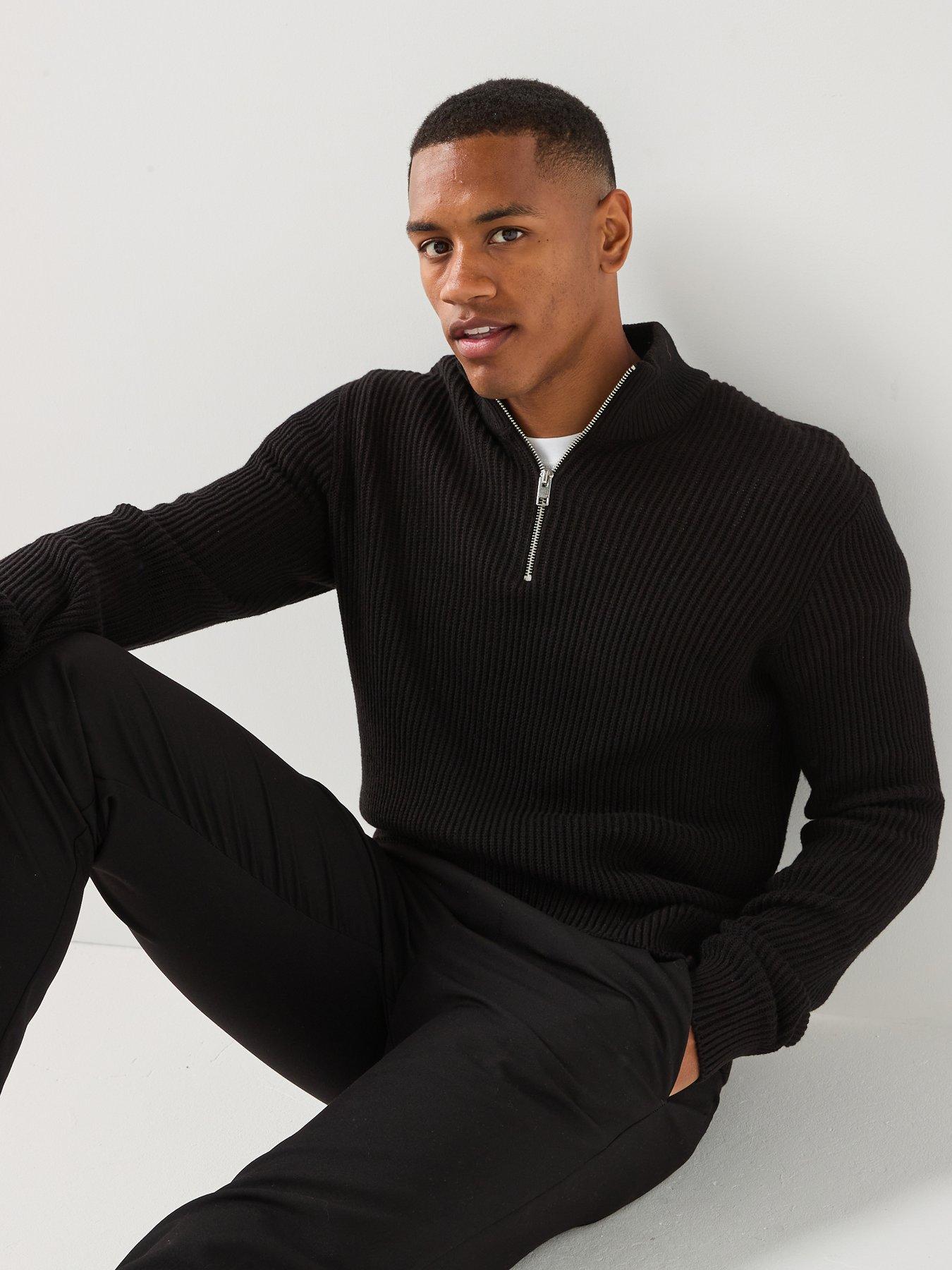 Image 1 of 6 of Jack & Jones Panel Knitted 1/2 Zip Jumper - Black