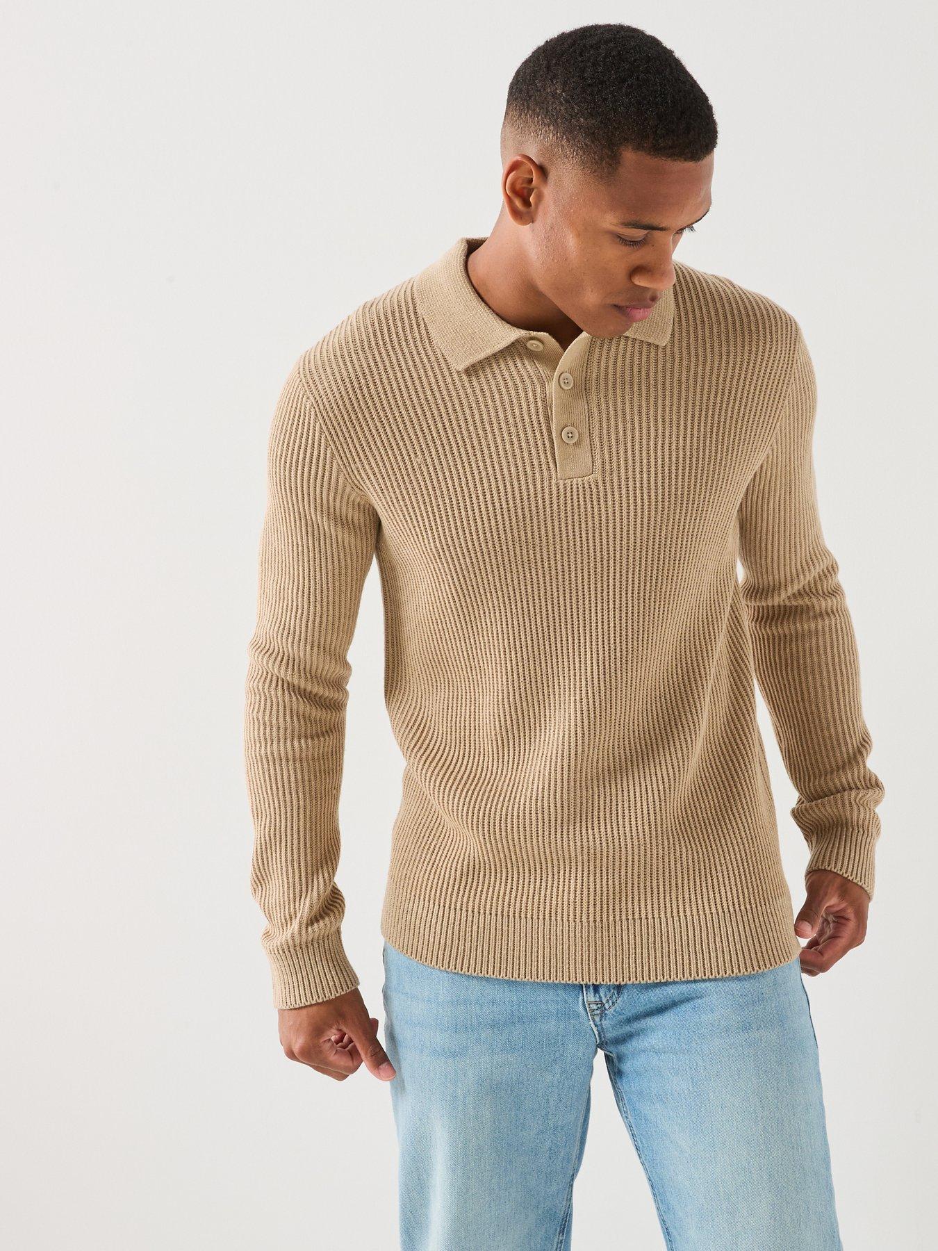 Jack & Jones Knitted Long Sleeve Polo Shirt - Beige