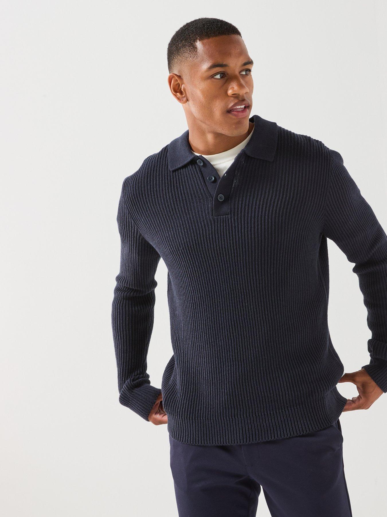 Jack & Jones Knitted Long Sleeve Polo Shirt - Navy in Navy Blazer