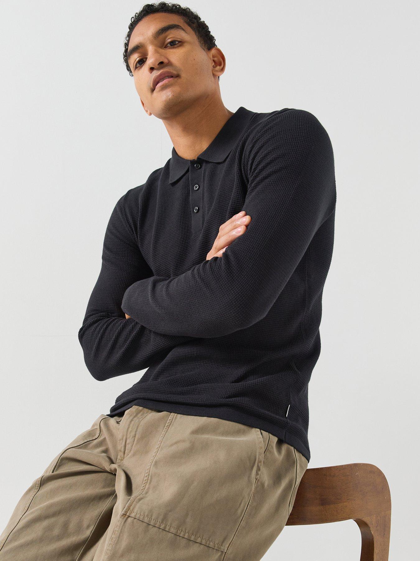 Image 1 of 6 of Jack & Jones Mens Regular Fit Knit Long Sleeve Polo Shirt - Black