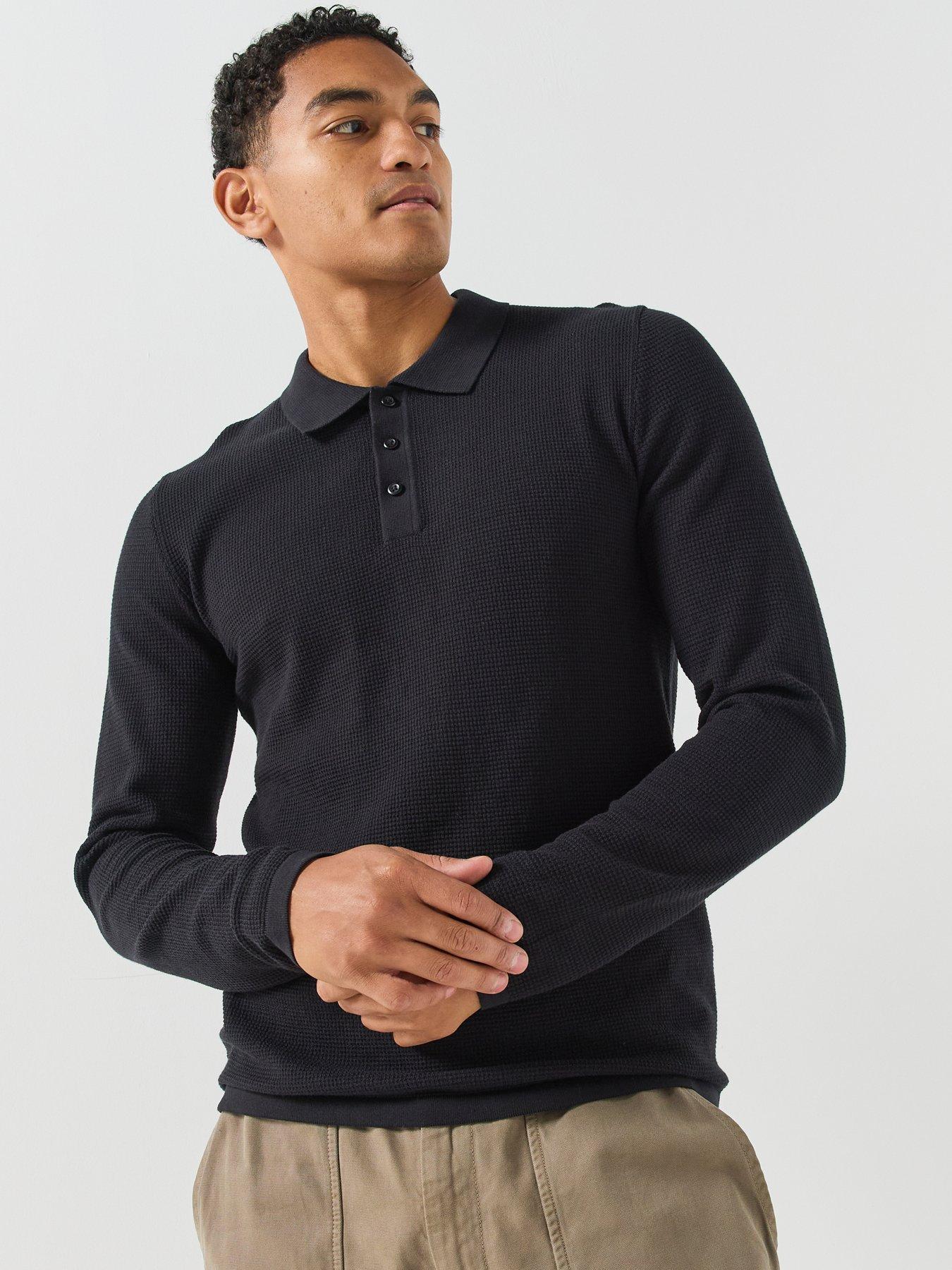 Image 4 of 6 of Jack & Jones Mens Regular Fit Knit Long Sleeve Polo Shirt - Black