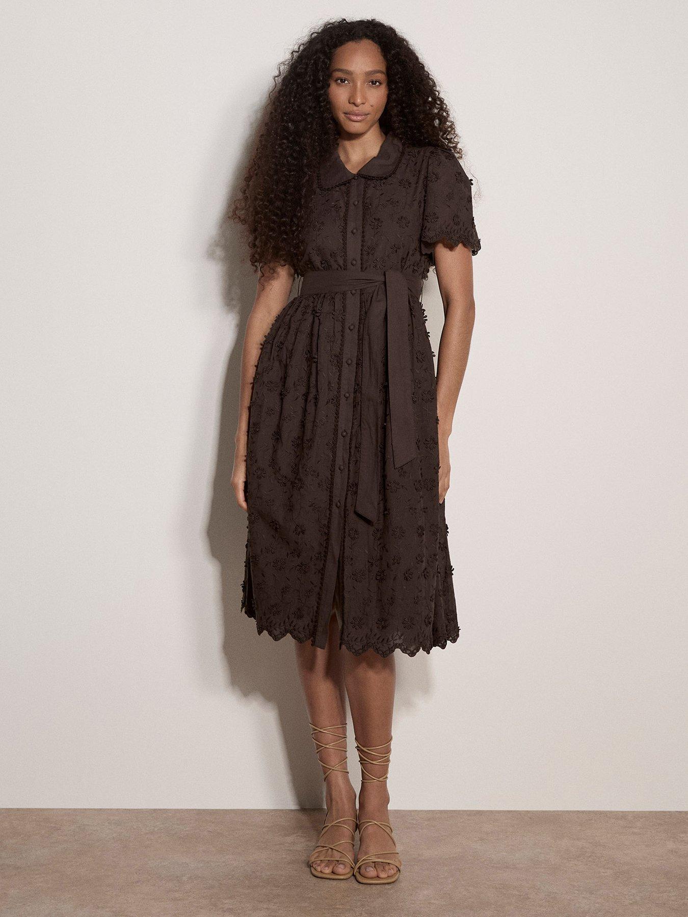 Image 1 of 4 of Apricot 3-D Embroidered Cotton Collar Midi Dress - Brown