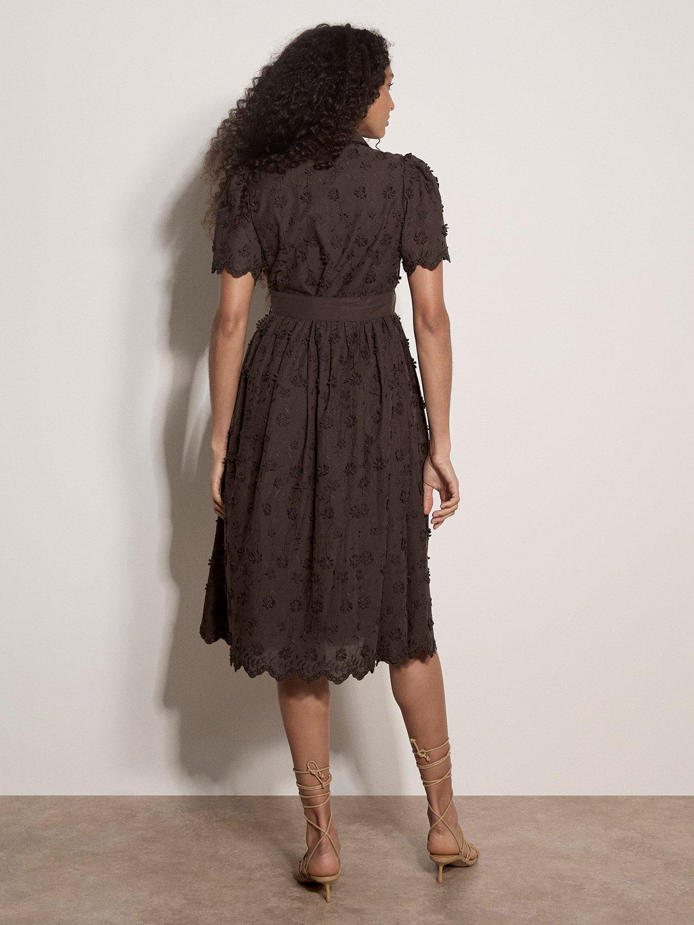 Image 2 of 4 of Apricot 3-D Embroidered Cotton Collar Midi Dress - Brown