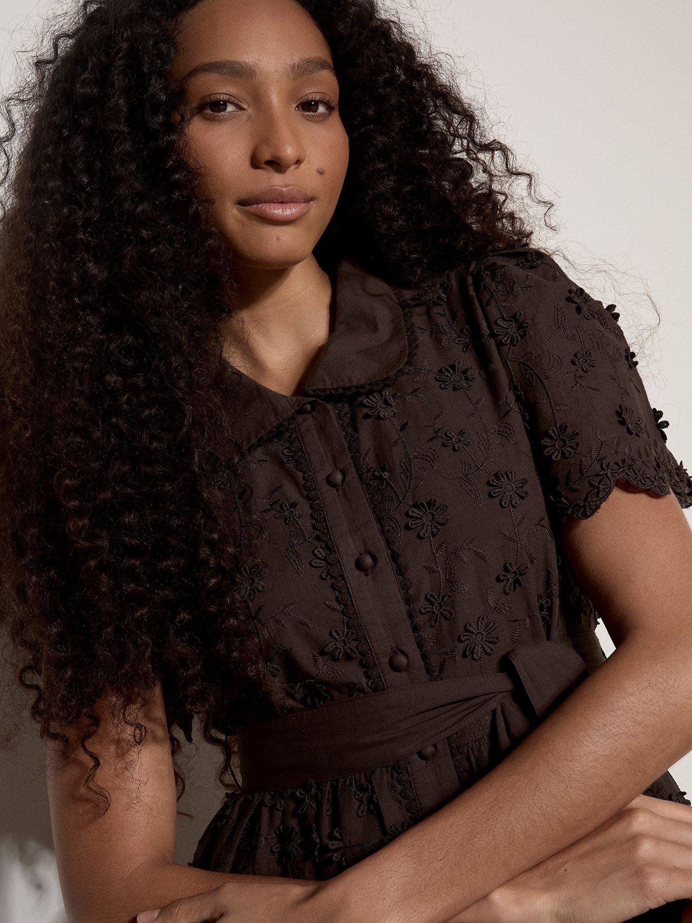Image 3 of 4 of Apricot 3-D Embroidered Cotton Collar Midi Dress - Brown