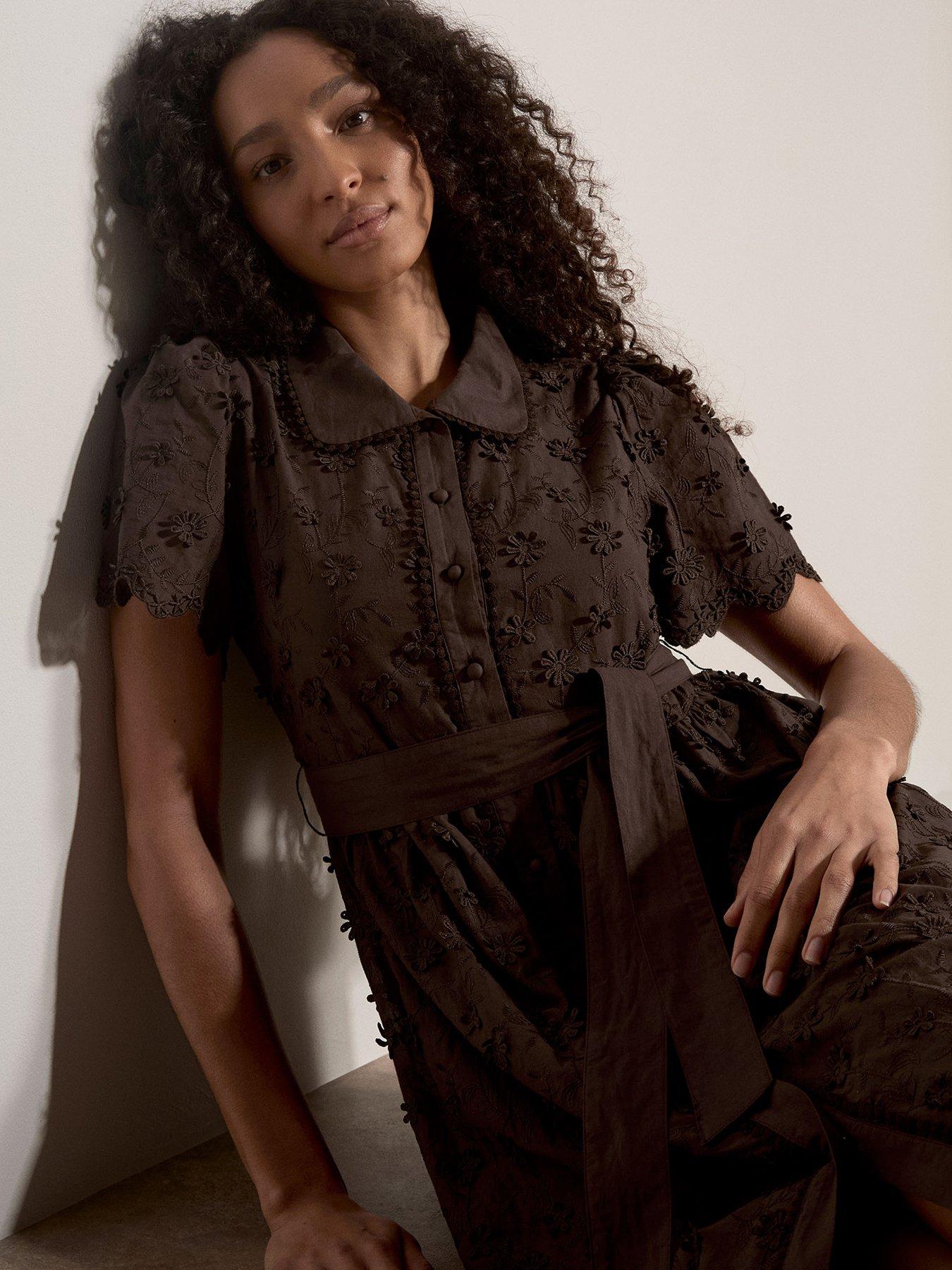 Image 4 of 4 of Apricot 3-D Embroidered Cotton Collar Midi Dress - Brown