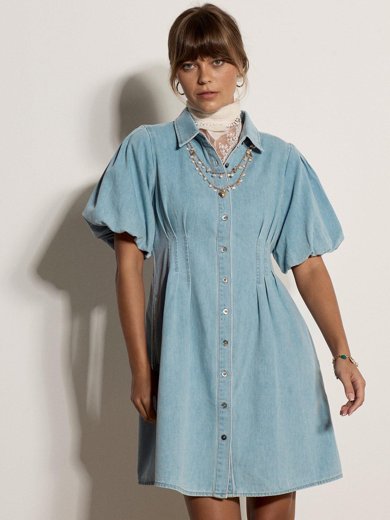 Image 1 of 5 of Apricot Denim Bubble Sleeve Mini Dress &nbsp;- Blue