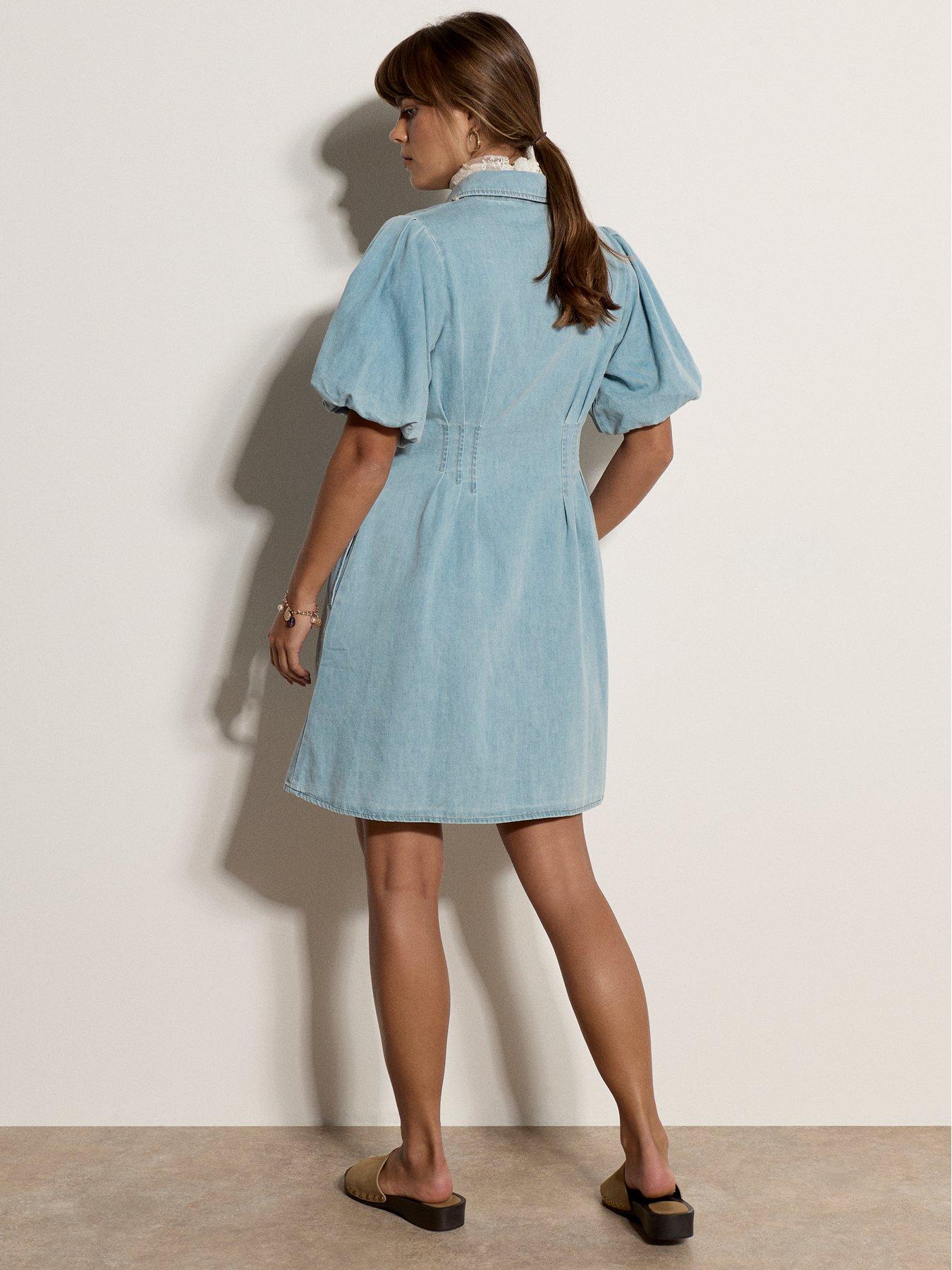 Image 2 of 5 of Apricot Denim Bubble Sleeve Mini Dress &nbsp;- Blue