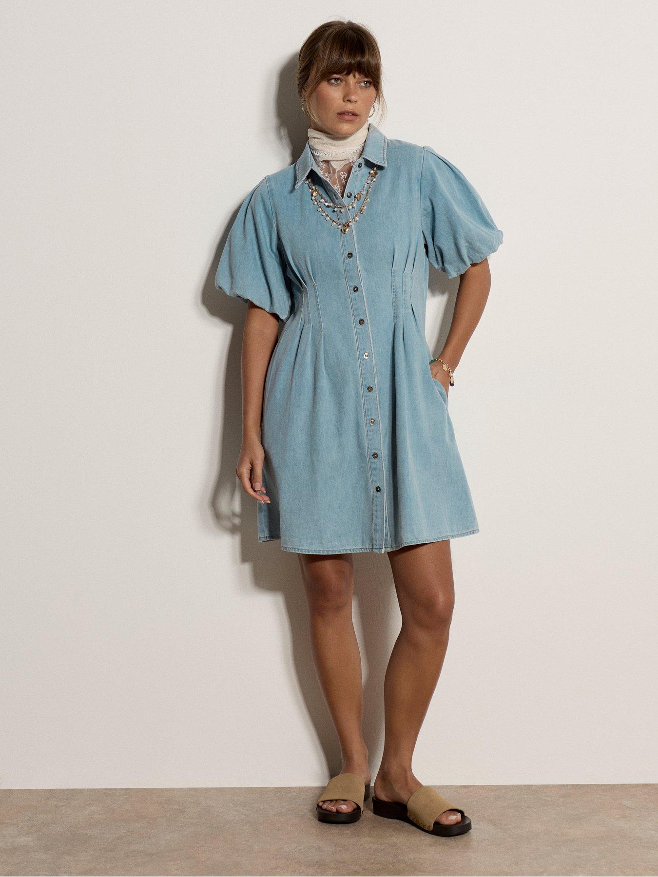 Image 3 of 5 of Apricot Denim Bubble Sleeve Mini Dress &nbsp;- Blue