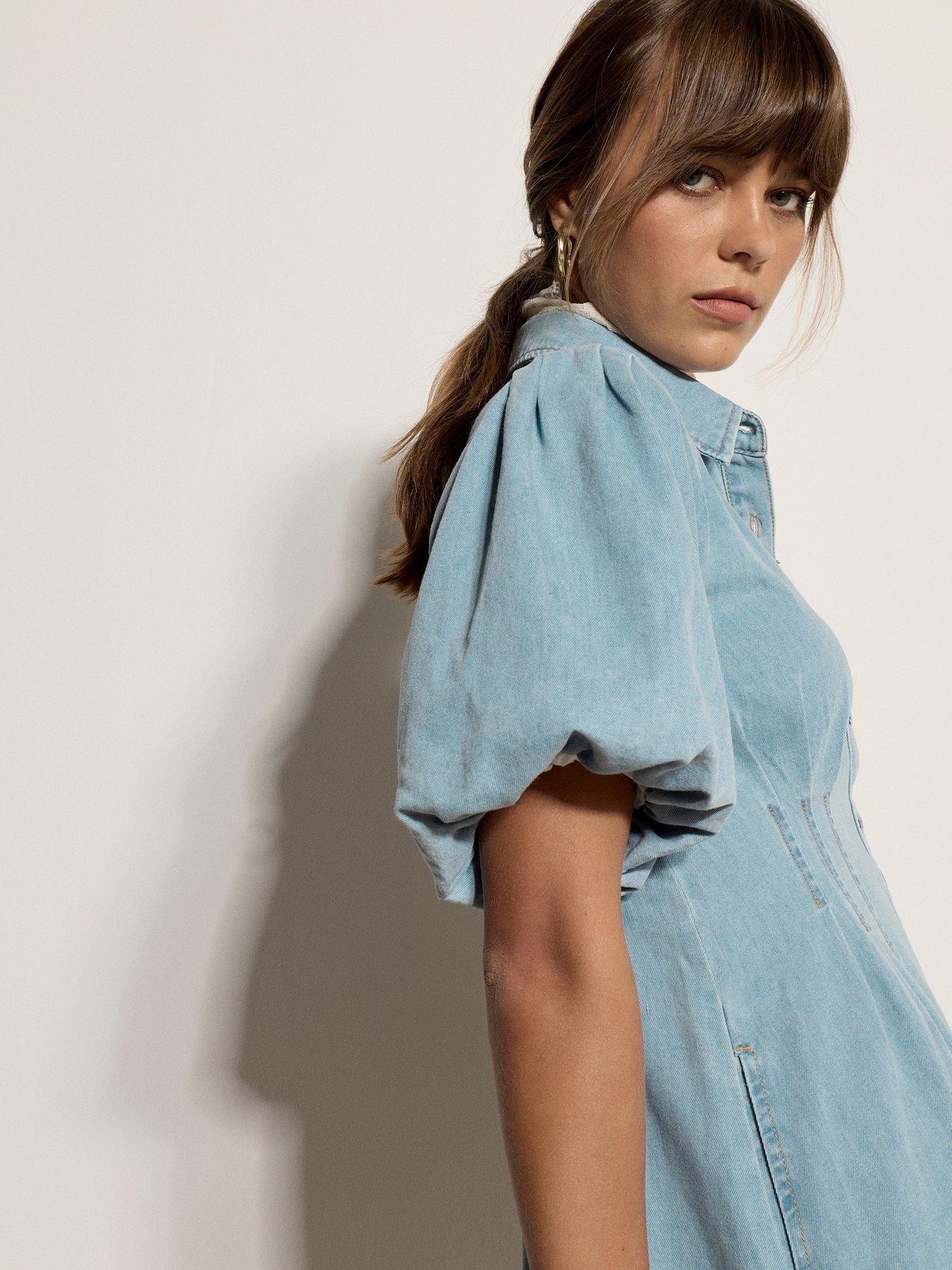 Image 4 of 5 of Apricot Denim Bubble Sleeve Mini Dress &nbsp;- Blue