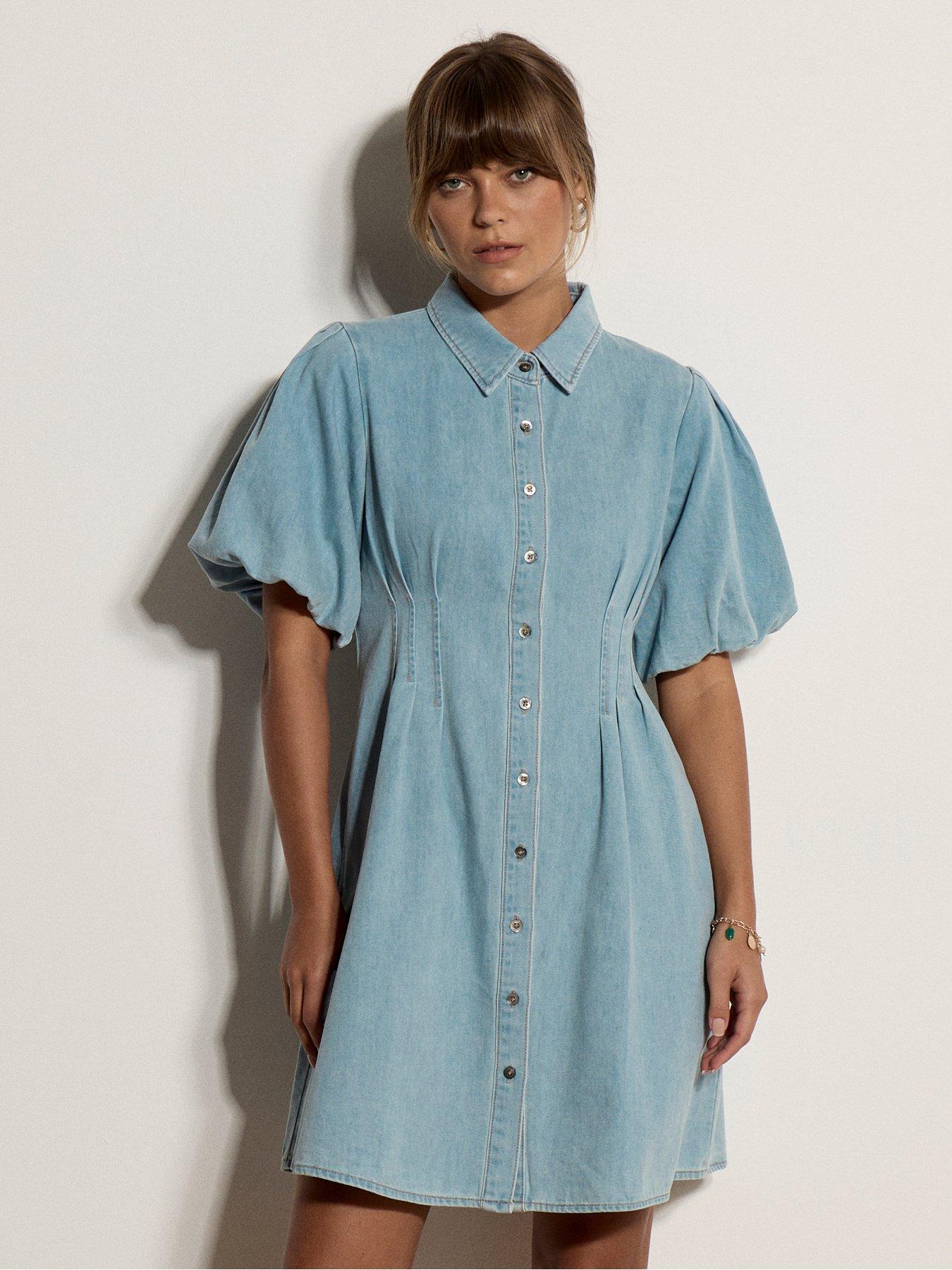 Image 5 of 5 of Apricot Denim Bubble Sleeve Mini Dress &nbsp;- Blue