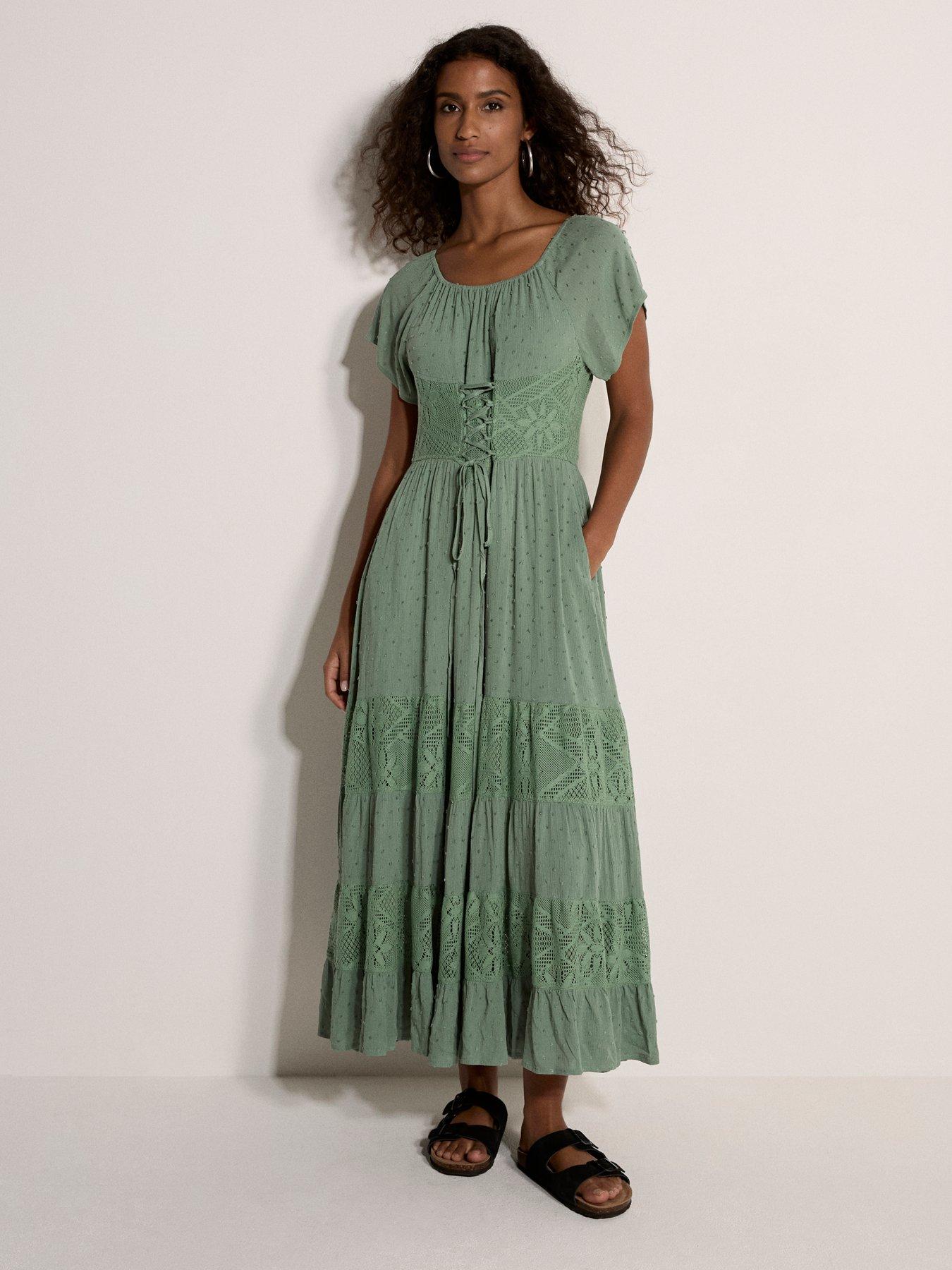 Apricot Lace Corset Detail Midi Dress - Brown