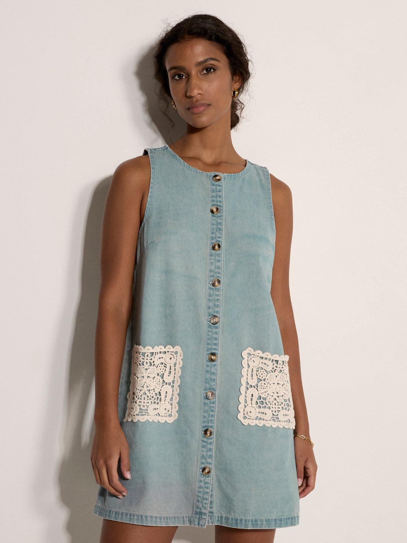 Apricot Button Through Denim Shift Dress With Crotchet Patch Pockets