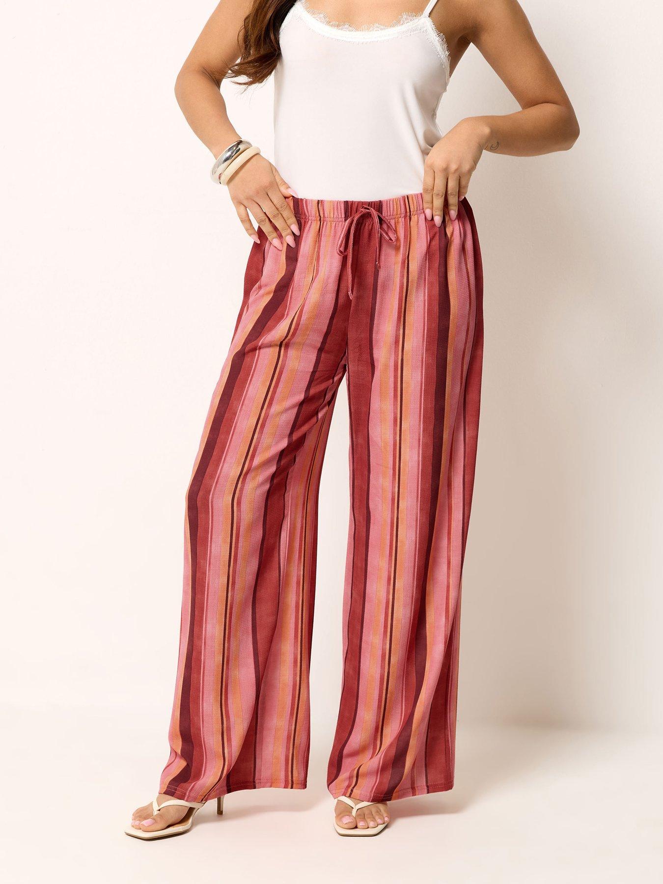 Image 1 of 4 of PixieGirl Petite Stripe Print Wide Leg Trousers - Red
