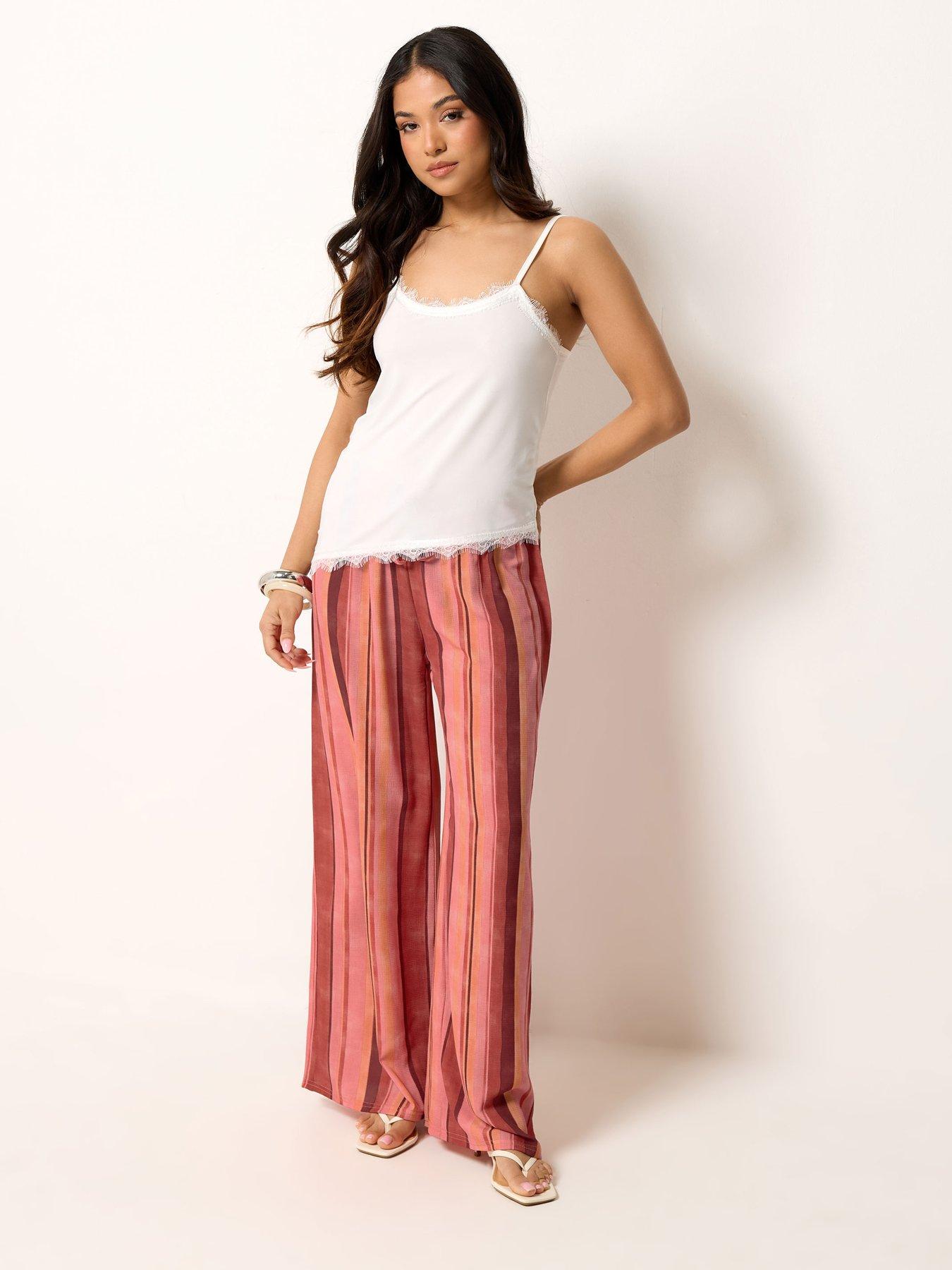Image 3 of 4 of PixieGirl Petite Stripe Print Wide Leg Trousers - Red
