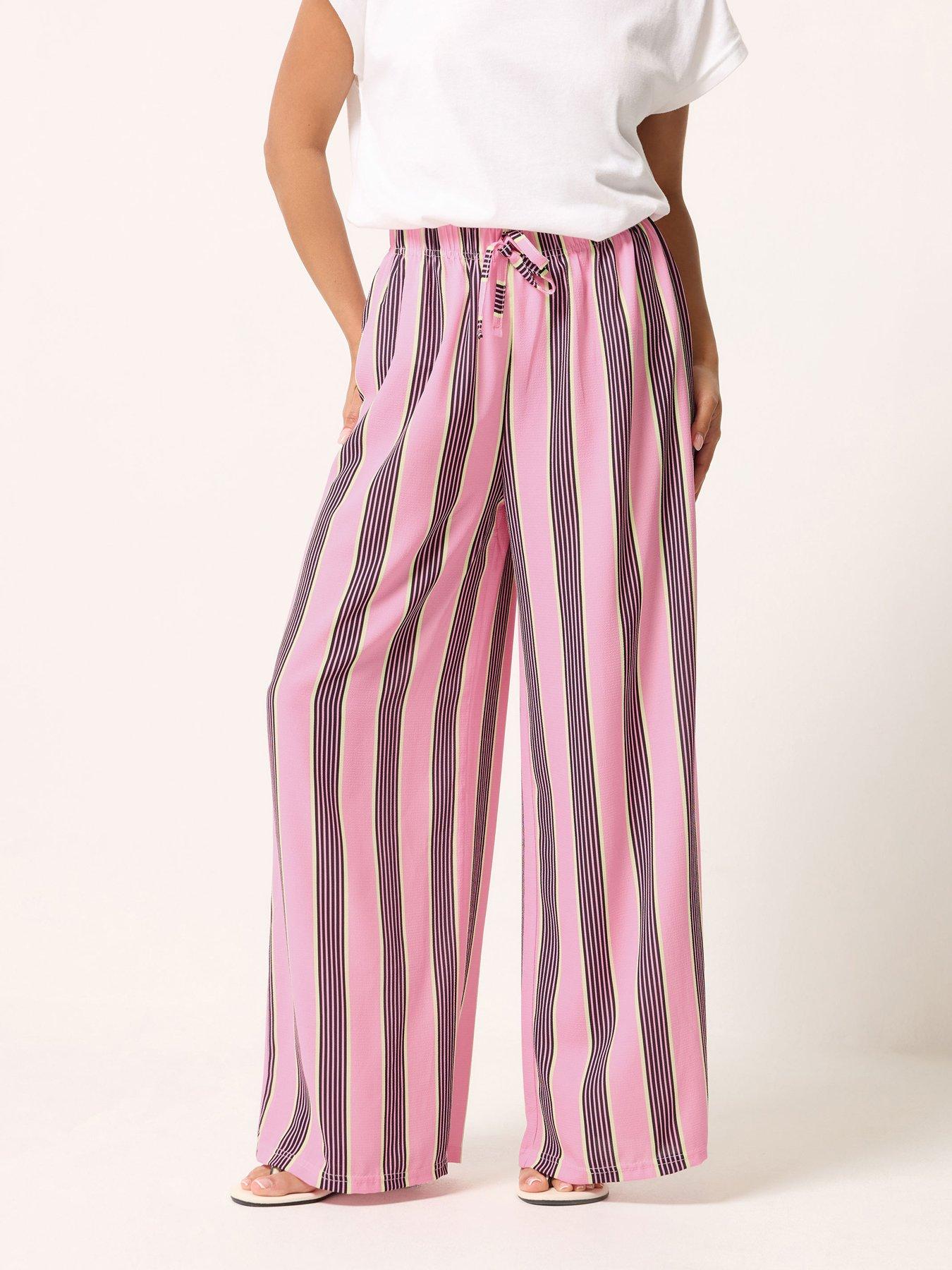 PixieGirl Petite Stripe Print Wide Leg Trousers - Pink