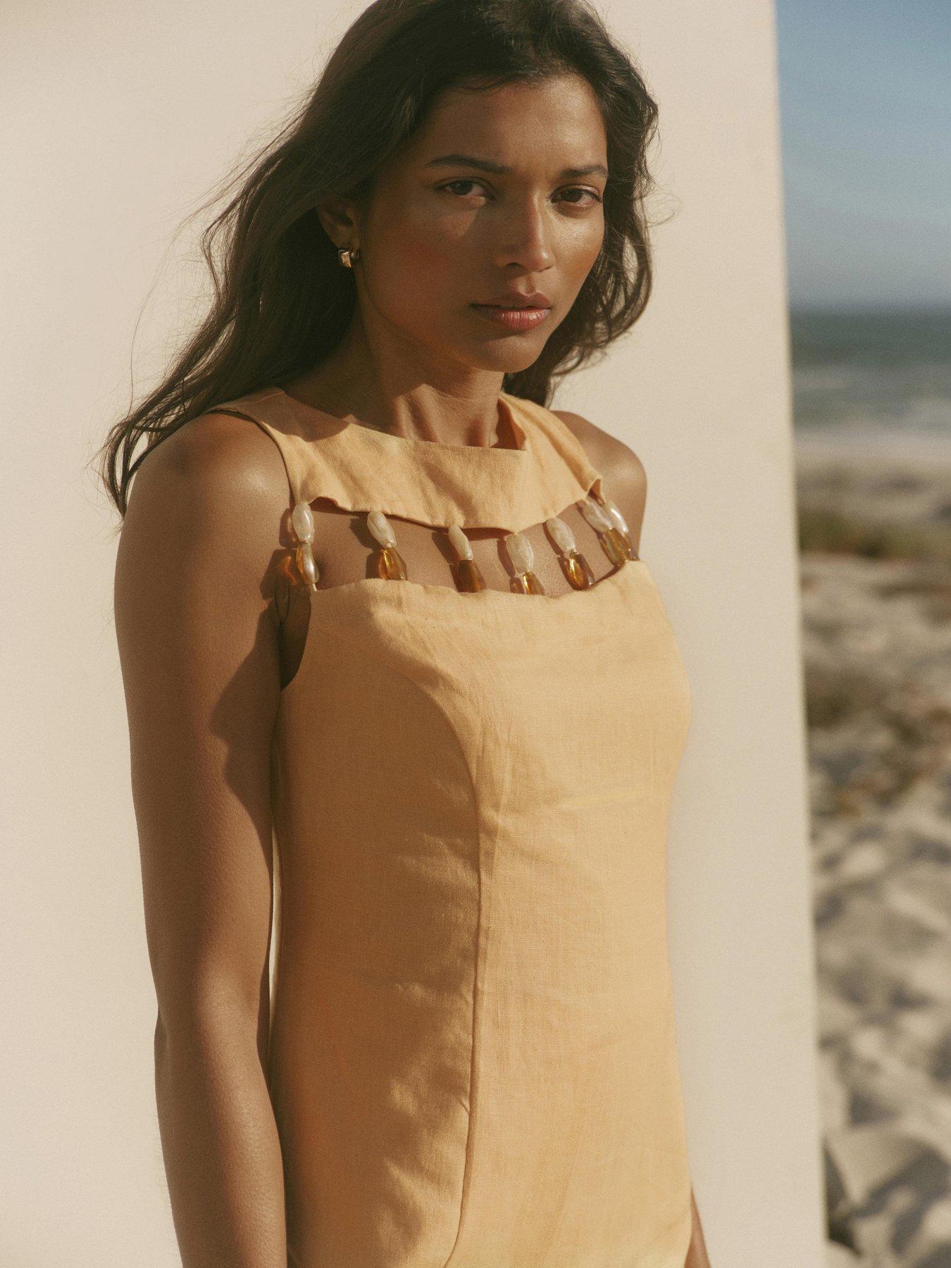 Image 4 of 6 of Mint Velvet Bead Detail Linen Shift Dress - Yellow
