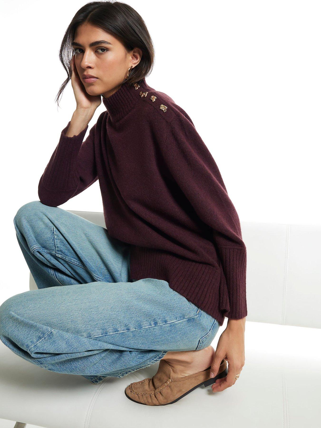 Image 1 of 6 of River Island Womens Button Shoulder Funnel Neck Jumper - Burgundy