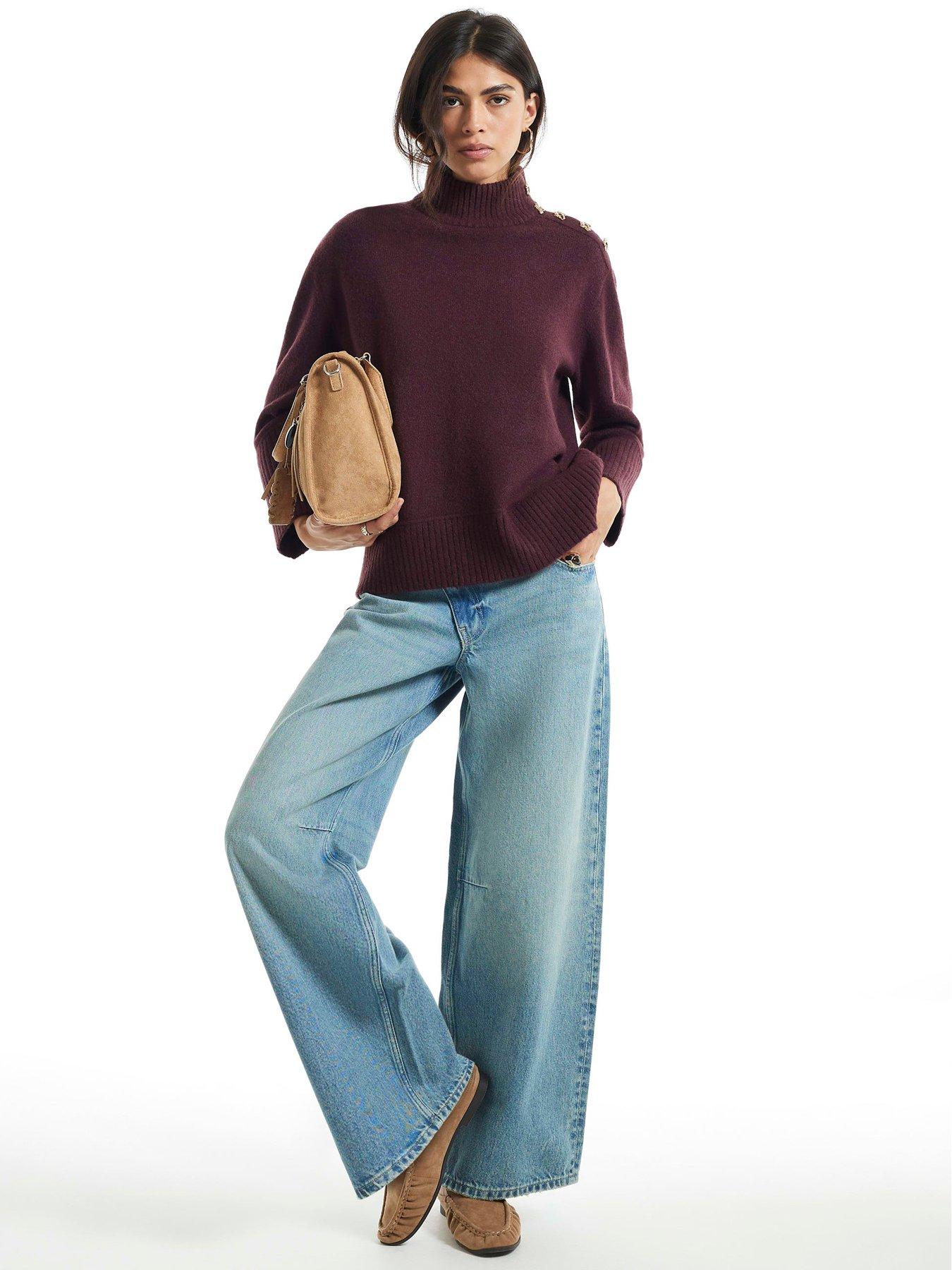 Image 3 of 6 of River Island Womens Button Shoulder Funnel Neck Jumper - Burgundy