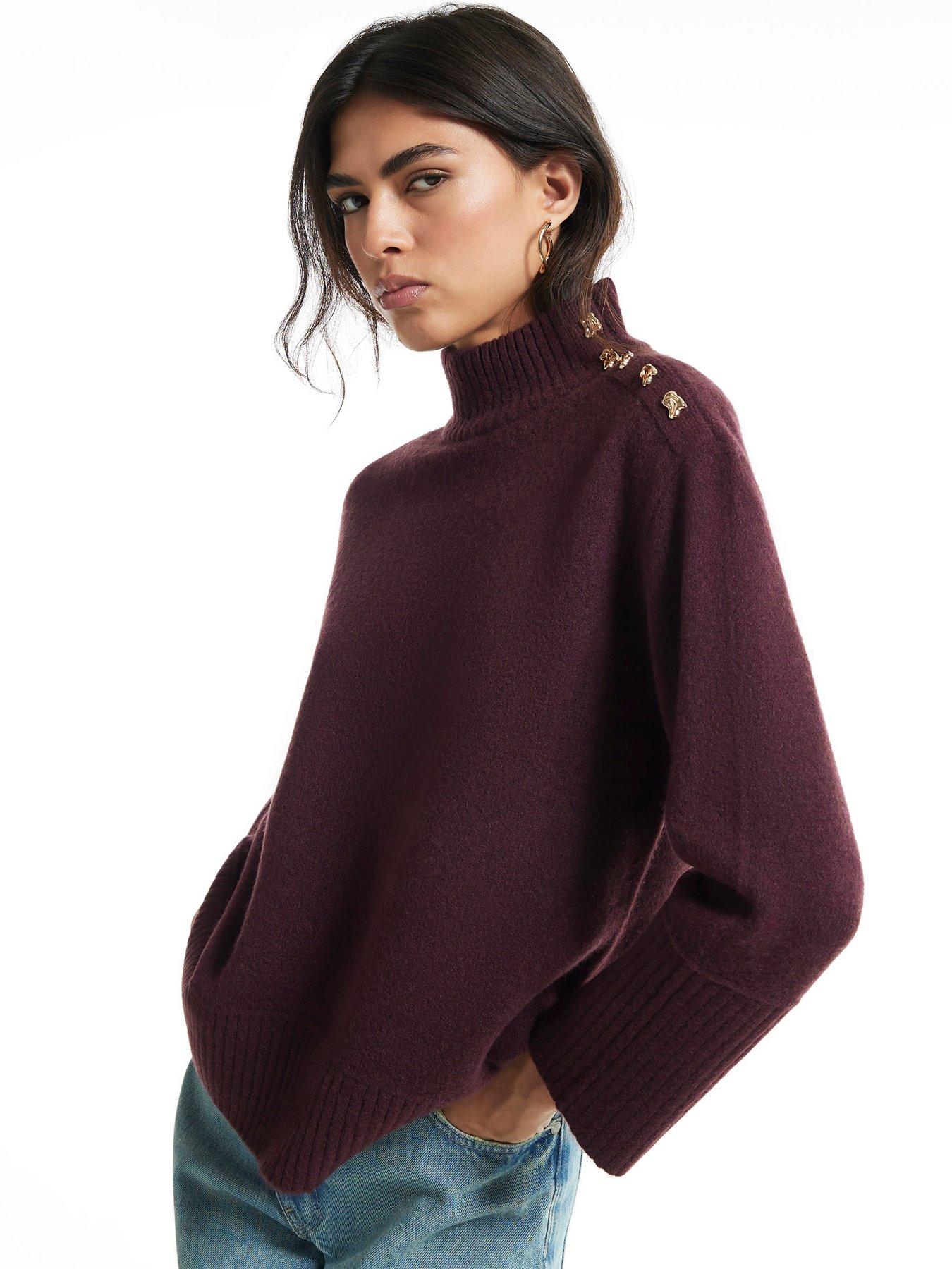 Image 4 of 6 of River Island Womens Button Shoulder Funnel Neck Jumper - Burgundy