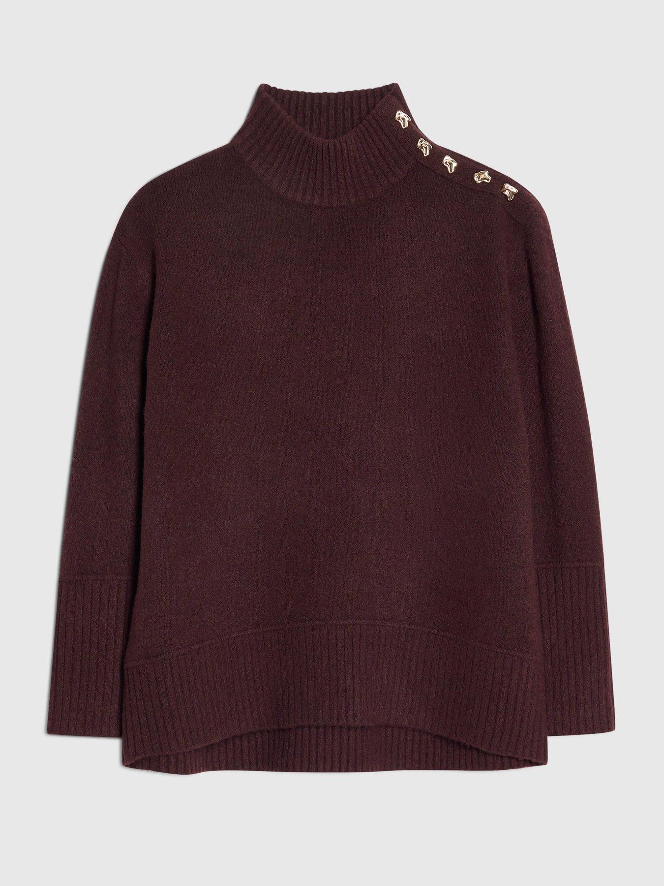 Image 5 of 6 of River Island Womens Button Shoulder Funnel Neck Jumper - Burgundy