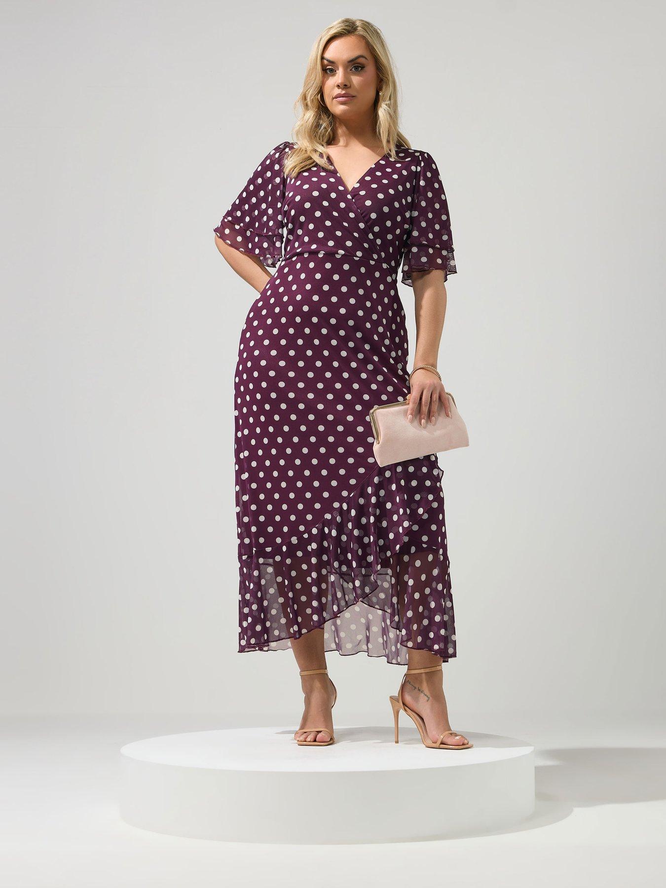 Yours Curve Polkdot Mesh Wrap Ruffle Dress
