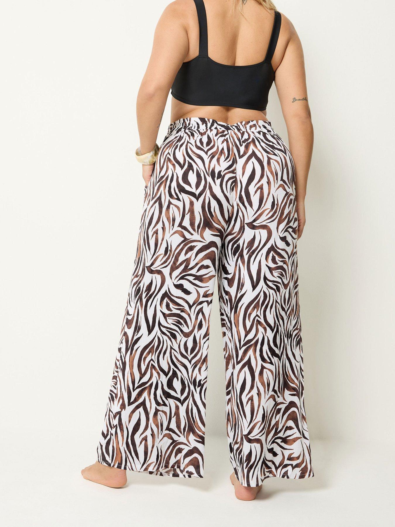 Image 2 of 4 of Yours Curve Zebra Print Wide Leg Crinkle Trousers Co-Ord - Brown
