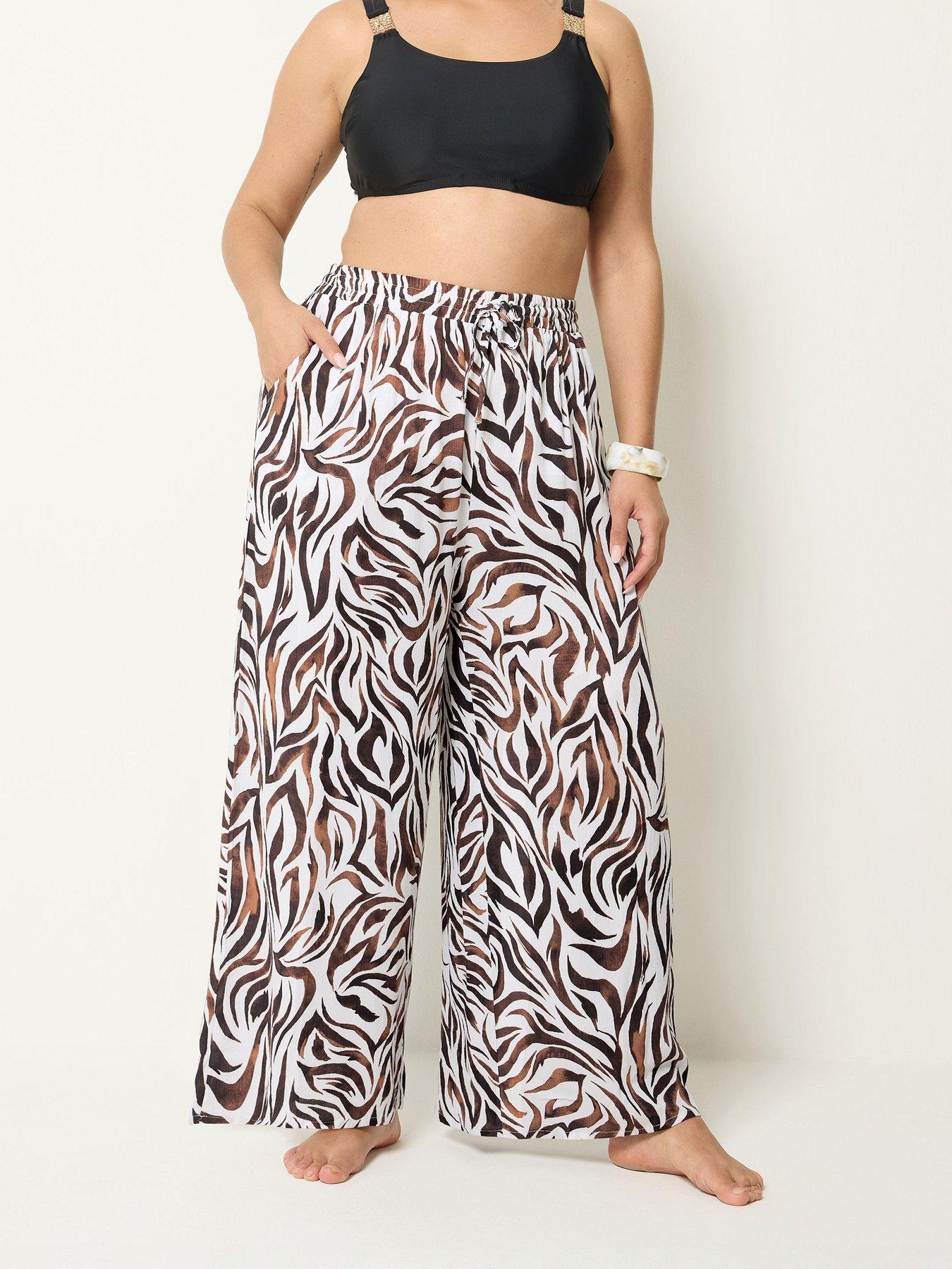 Image 3 of 4 of Yours Curve Zebra Print Wide Leg Crinkle Trousers Co-Ord - Brown