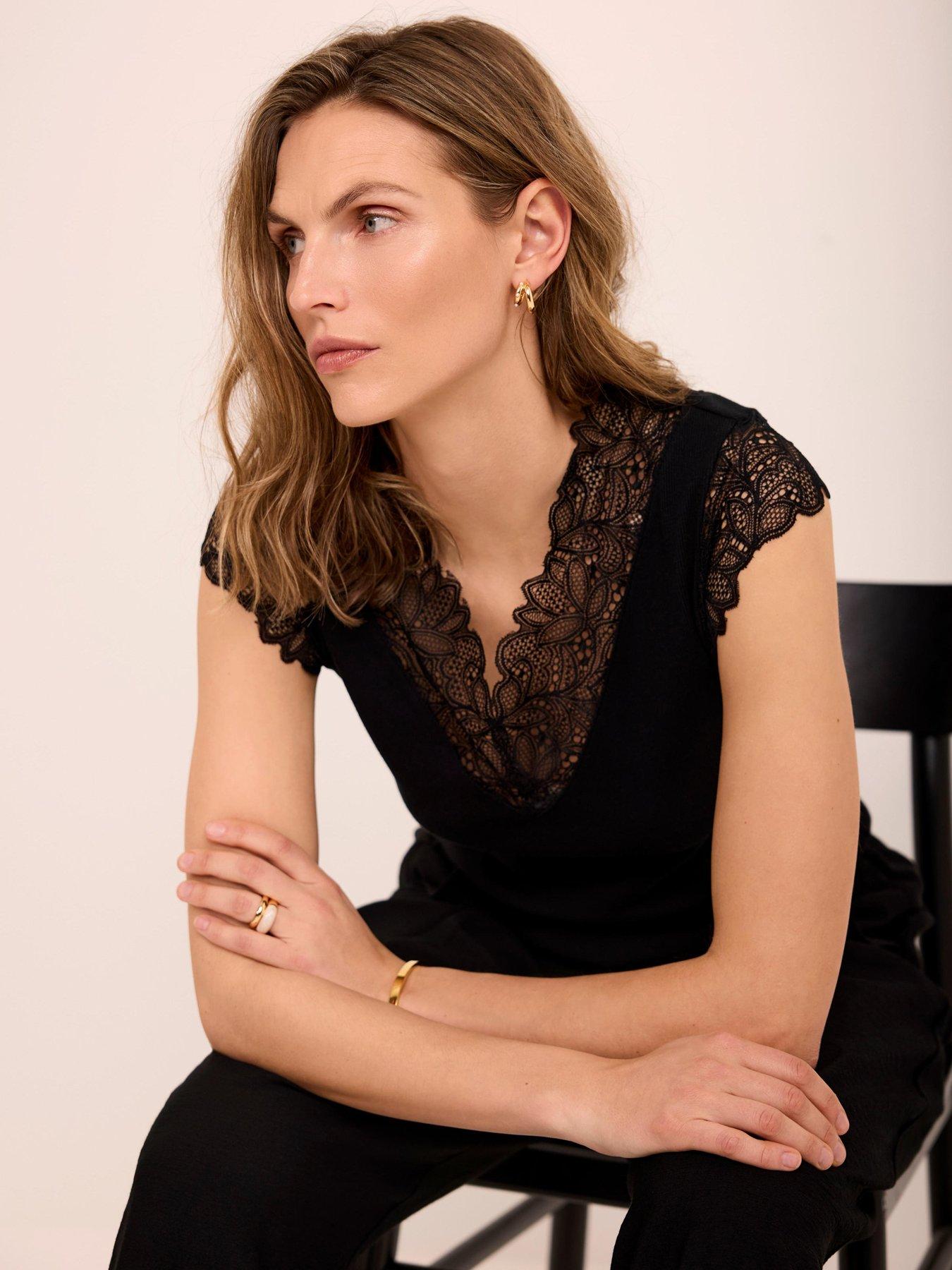 Image 2 of 6 of Mint Velvet Black Lace V Sleeveless Top