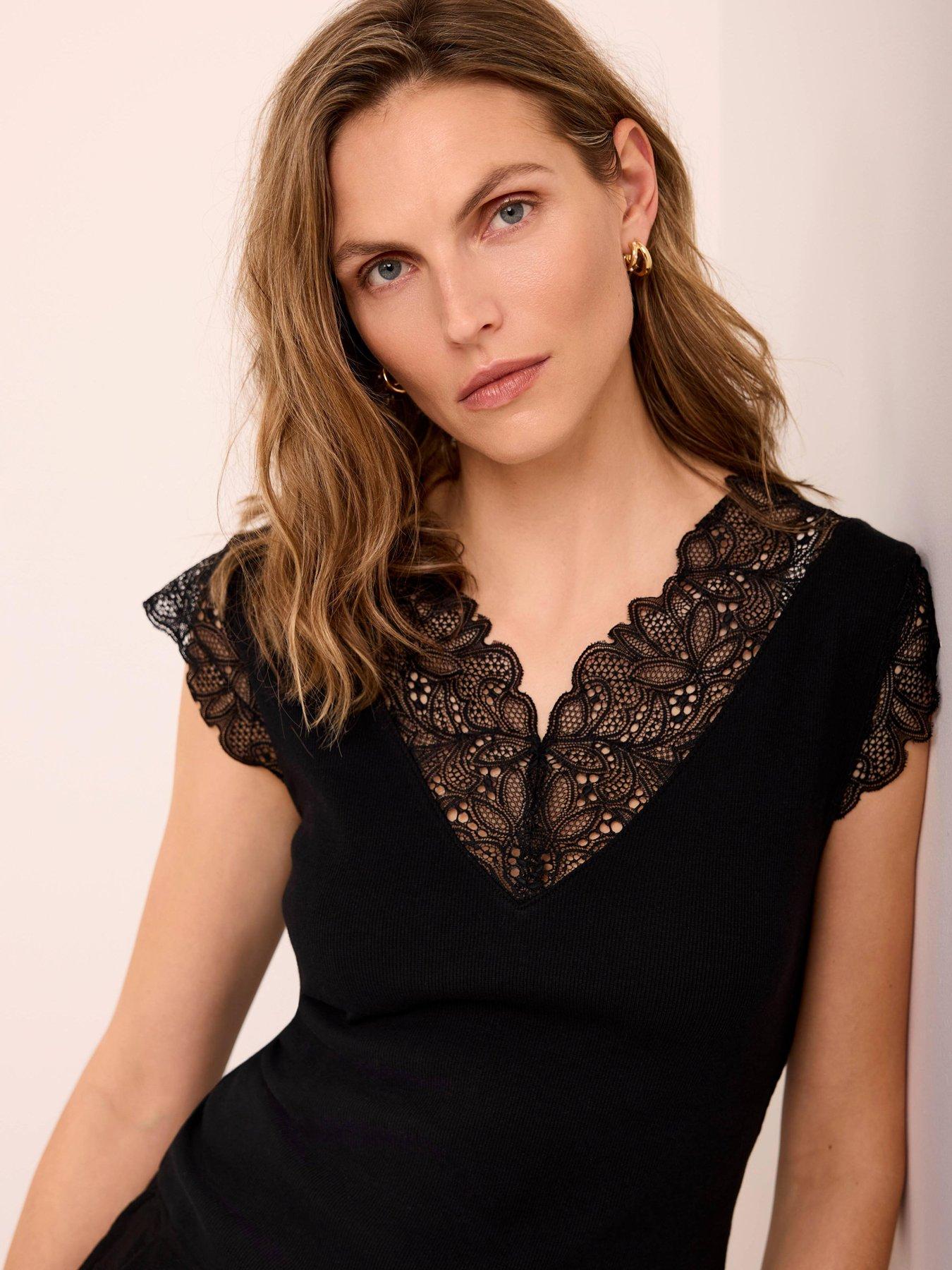 Image 3 of 6 of Mint Velvet Black Lace V Sleeveless Top