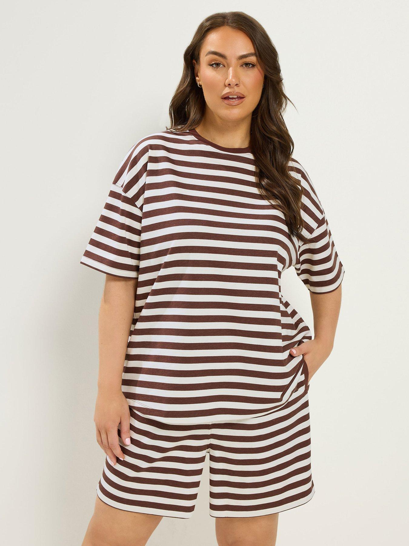 Yours Curve Stripe Jersey T-Shirt Set - Brown