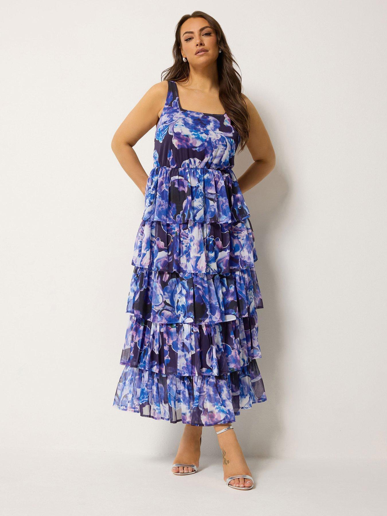 Yours Curve Floral Ruffle Layered Skirt Dress - Purple