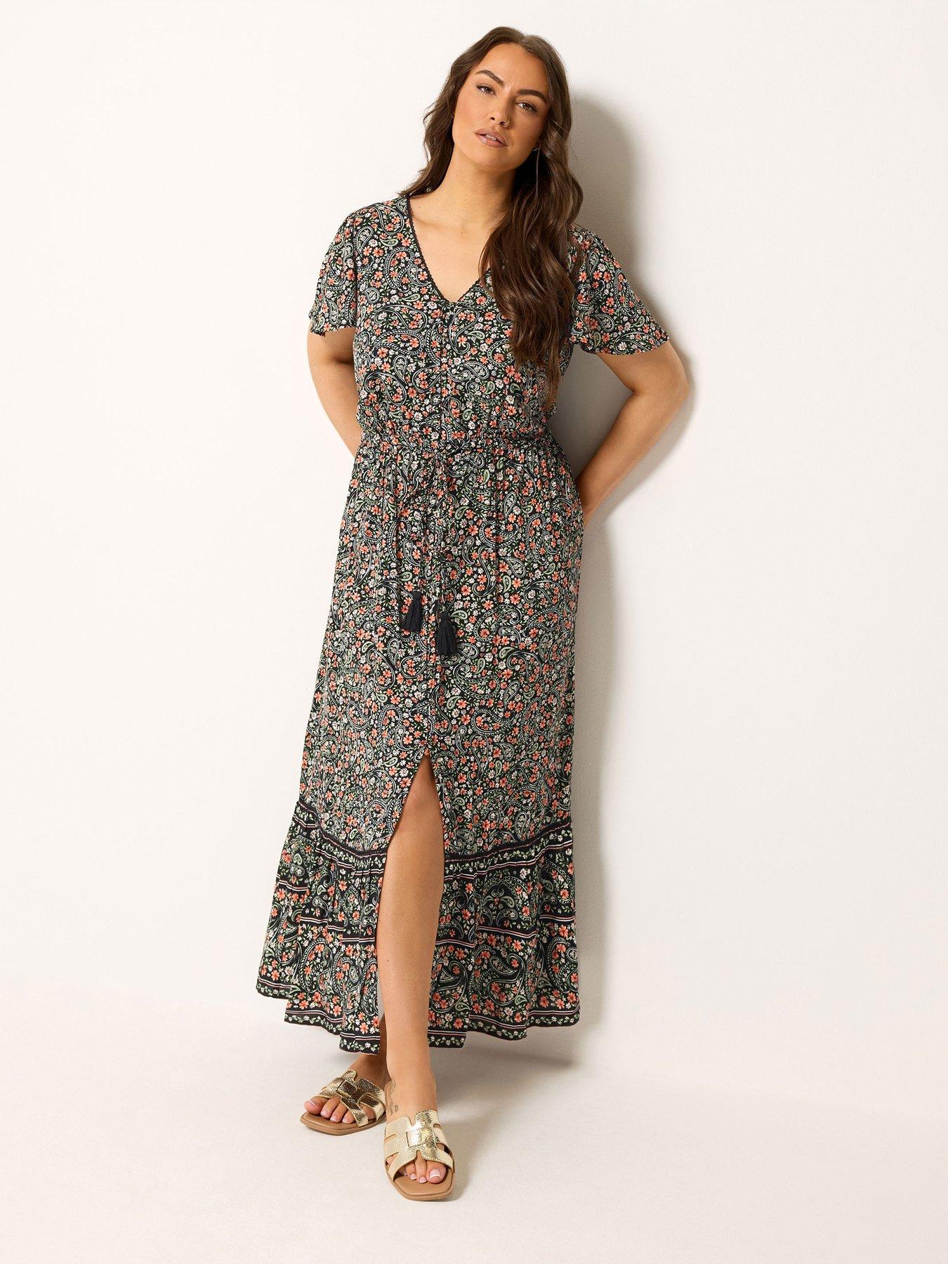 Yours Curve Ditsy Print Gypsy Border Maxi Dress - Black