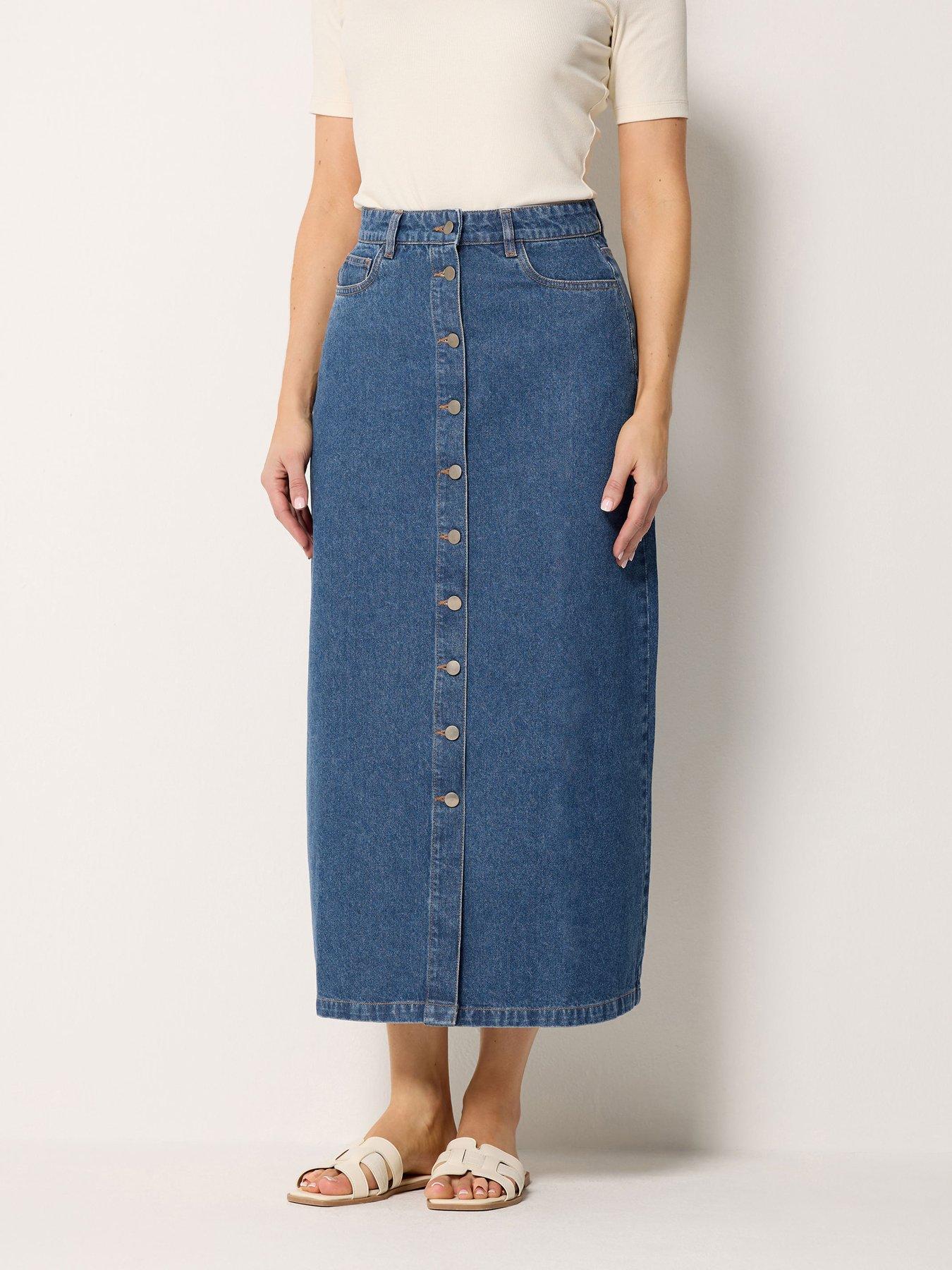 Image 3 of 4 of Long Tall Sally Button Denim Maxi Skirt - Blue