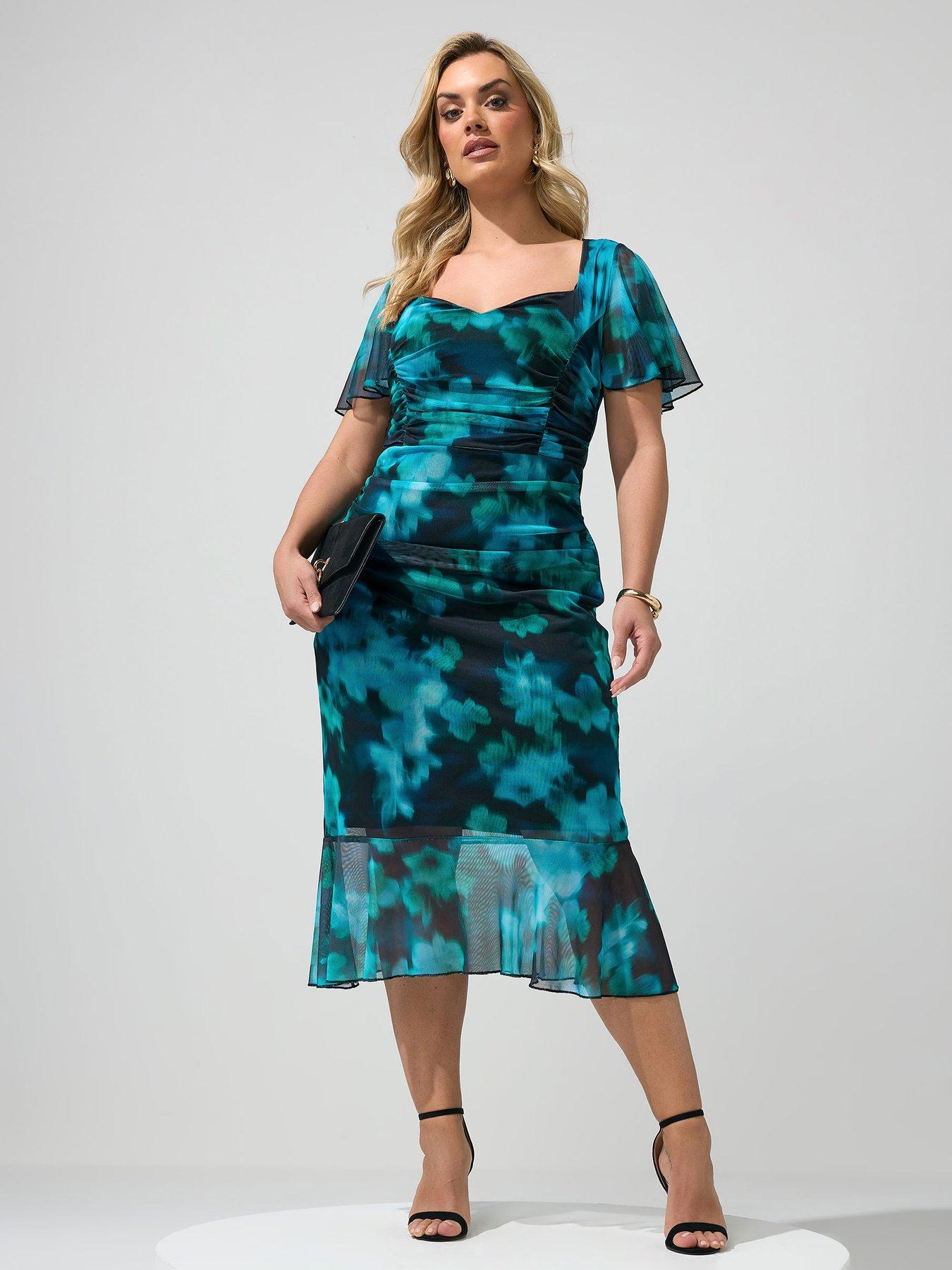 Yours Curve Blur Gathered Sweetheart Neckline Dress - Blue