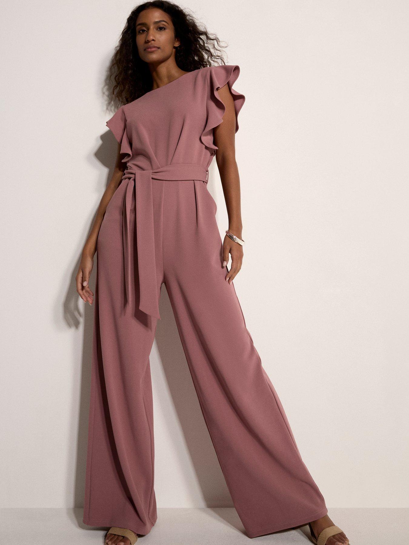 Apricot Ruffle Sleeve Pleat Detail Jumpsuit - Purple