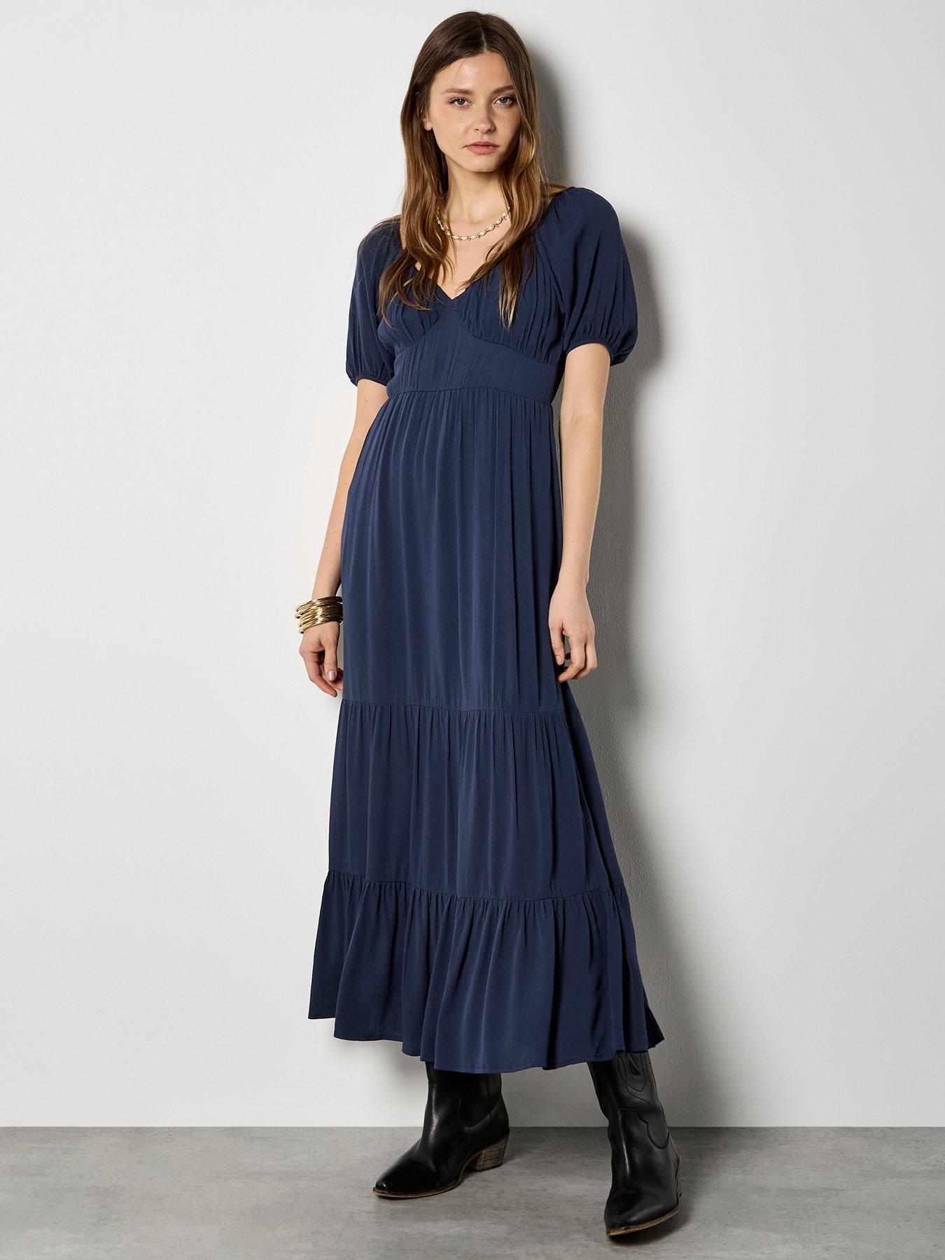 Apricot Crinkle Viscose Milkmaid Tiered Maxi Dress - Blue