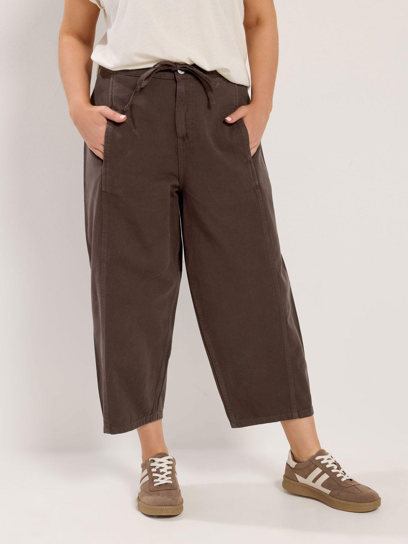 Yours Curve Barrel Leg Crop Trousers - Brown