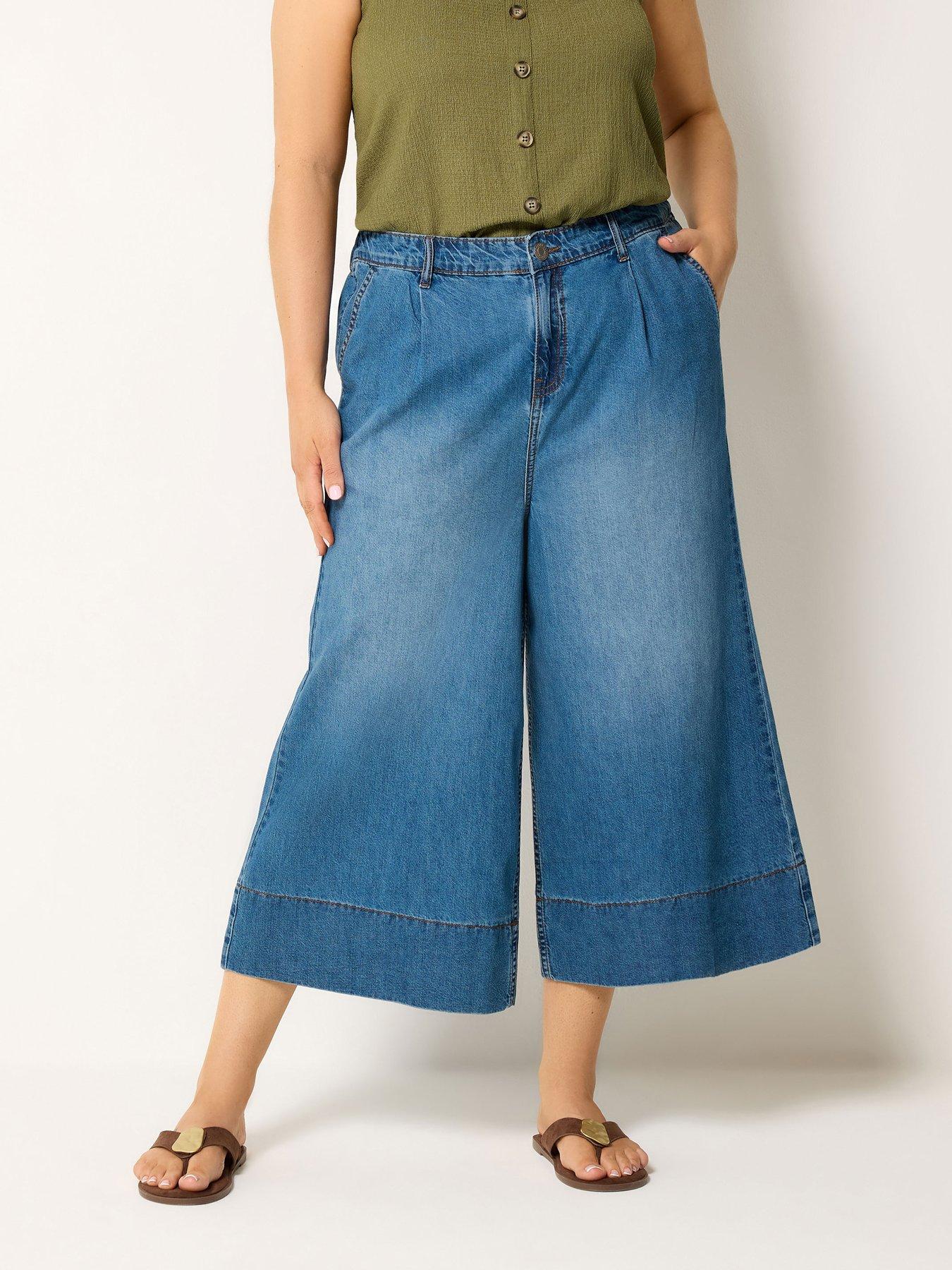 Yours Curve Deep Hem Wide Leg Crop Trousers - Blue