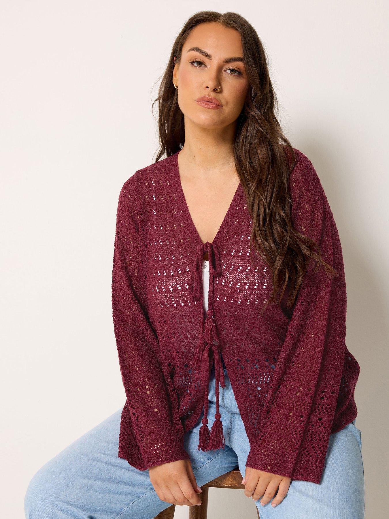 Yours Curve Pointelle Stitch Tie Cardigan - Burgundy