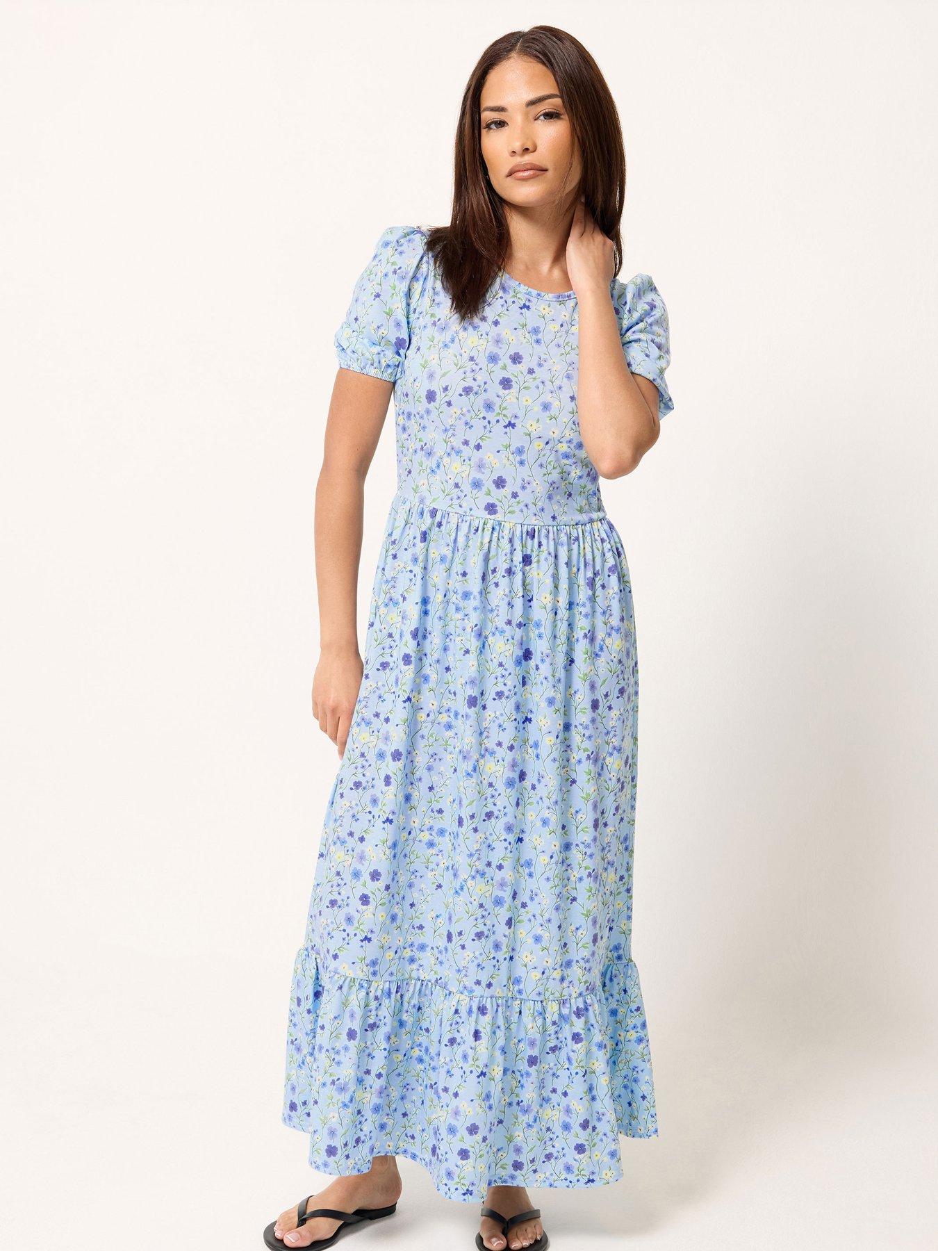 PixieGirl Petite Puff Frill Sleeve Maxi Dress - Blue