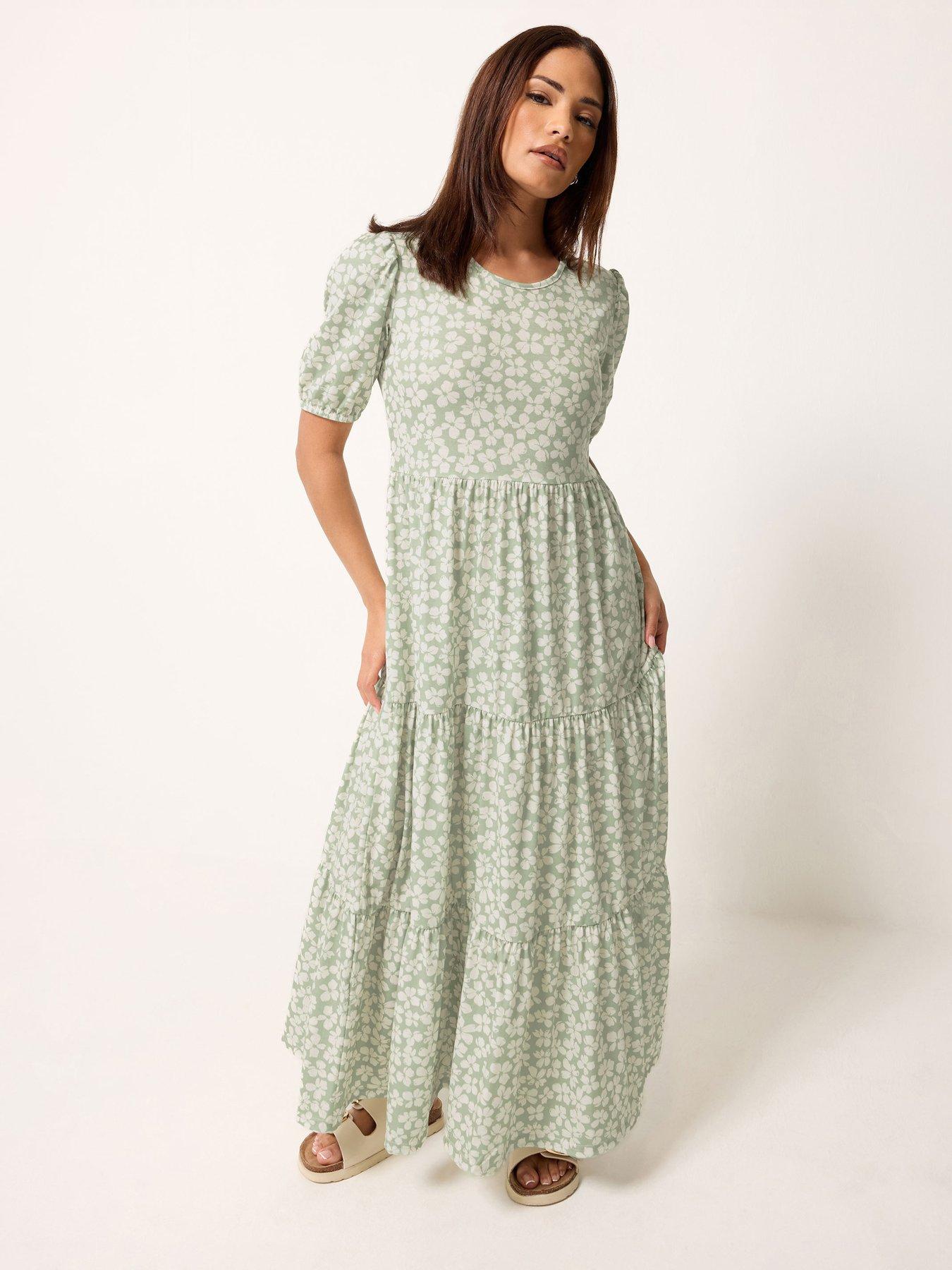 PixieGirl Petite Ditsy Short Sleeve Tie Maxi Dress - Green