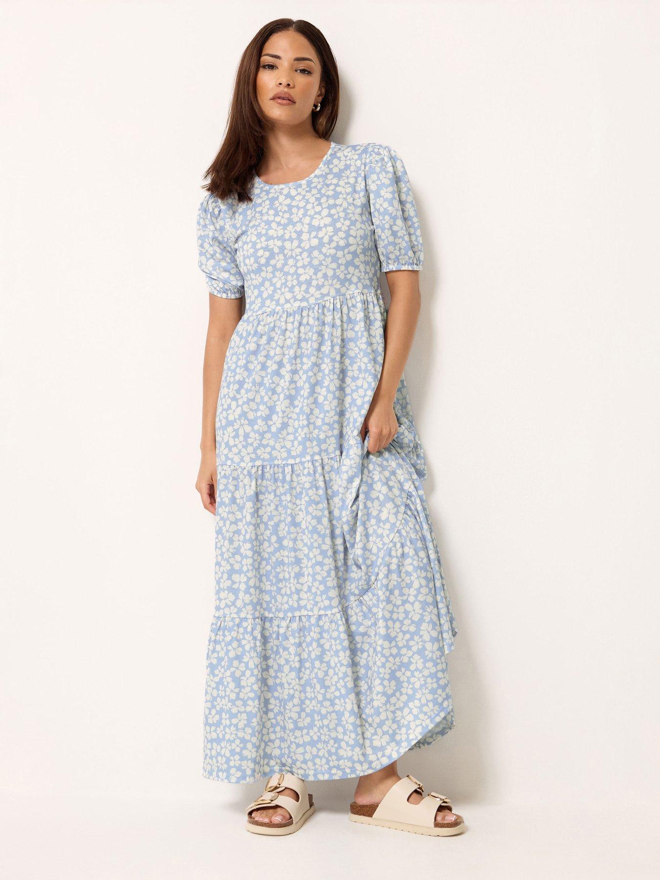 PixieGirl Petite Ditsy Short Sleeve Tie Maxi Dress - Blue