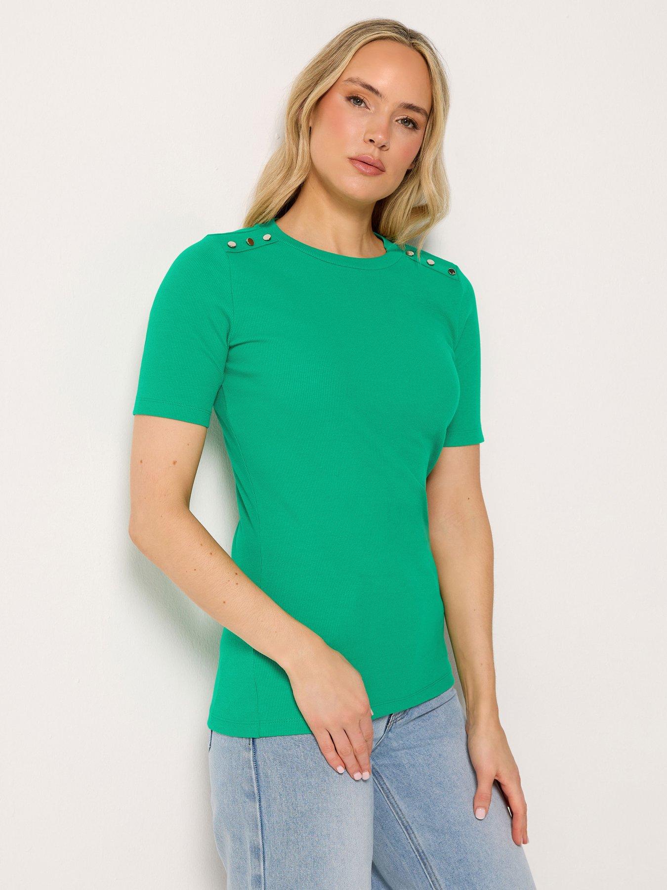 Image 4 of 6 of Long Tall Sally Rib Button Short Sleeve T-Shirt - Green