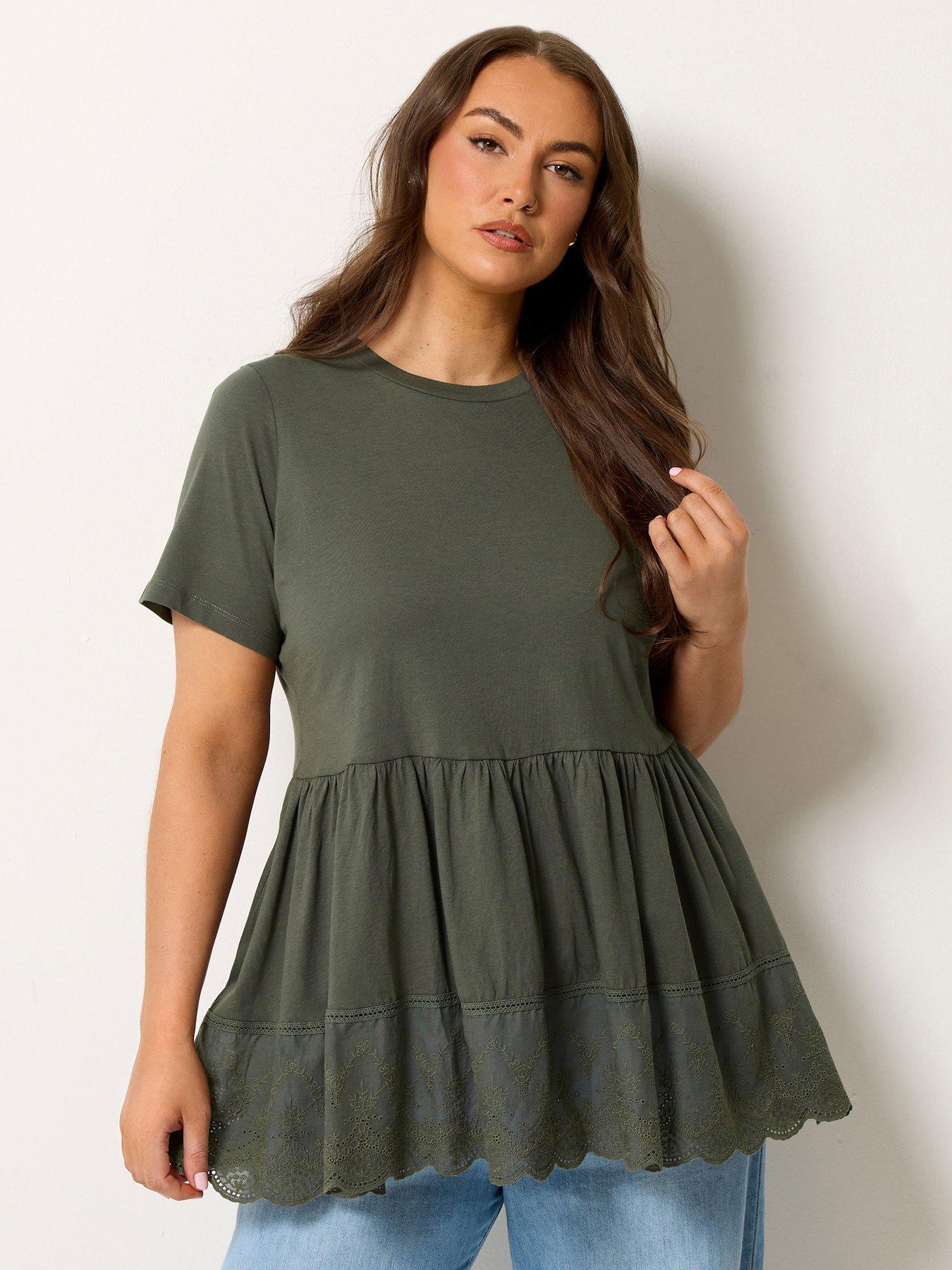 Yours Curve Tiered Anglaise Peplum Top - Green