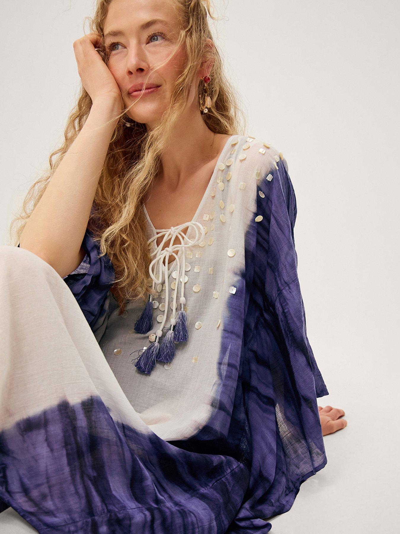 Image 3 of 4 of Monsoon Elise Kaftan Dip Dye Midi - Blue