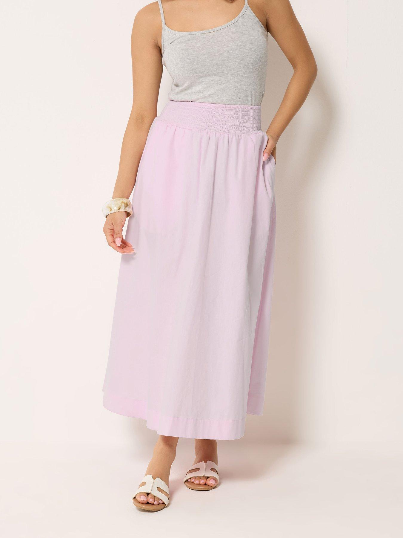 PixieGirl Petite Poplin Shirred Midi Skirt - Pink